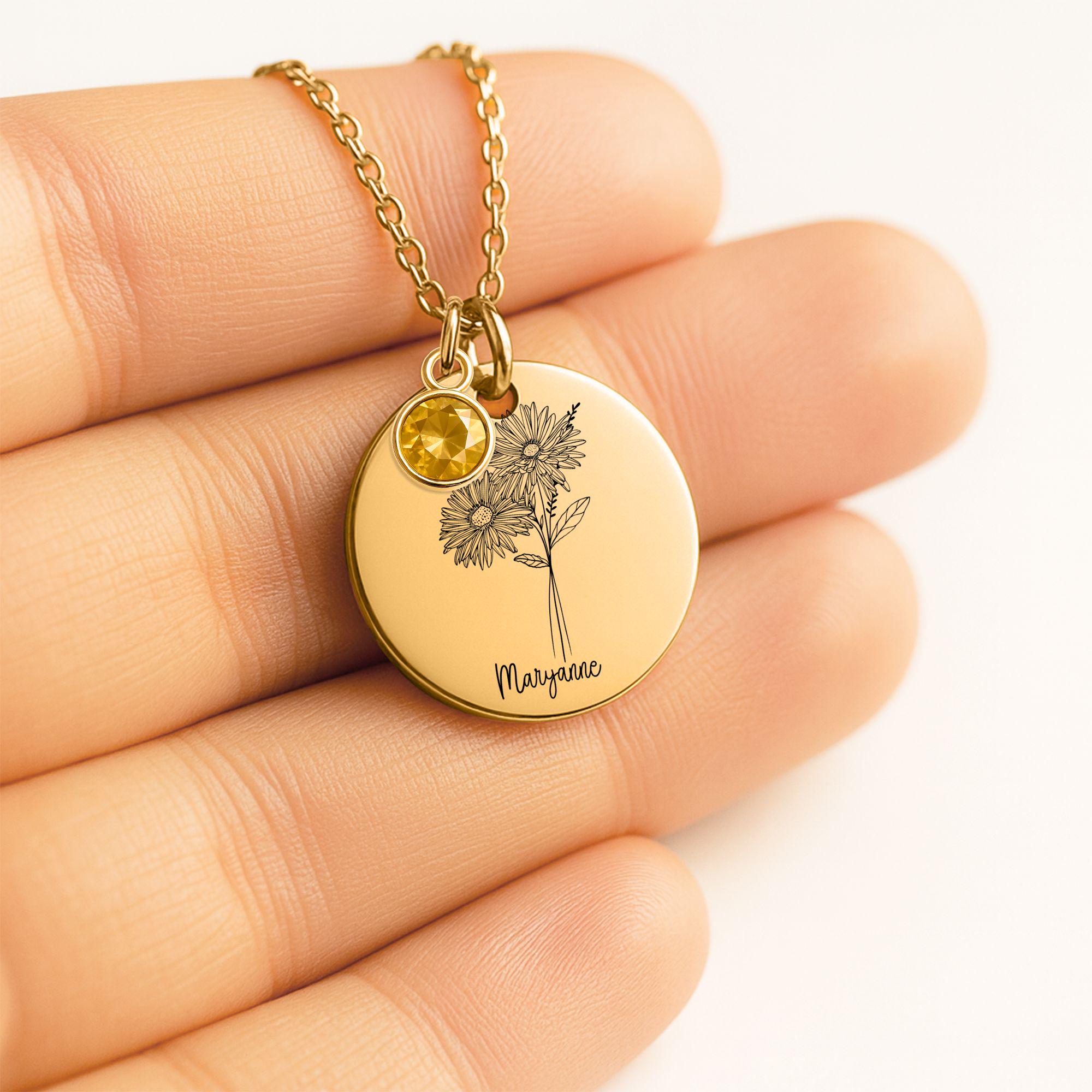 Custom Birth Flower Necklace with Birthstone, Personalized Flower Necklace Gift for Her, Birth Month Jewelry Keepsake Card