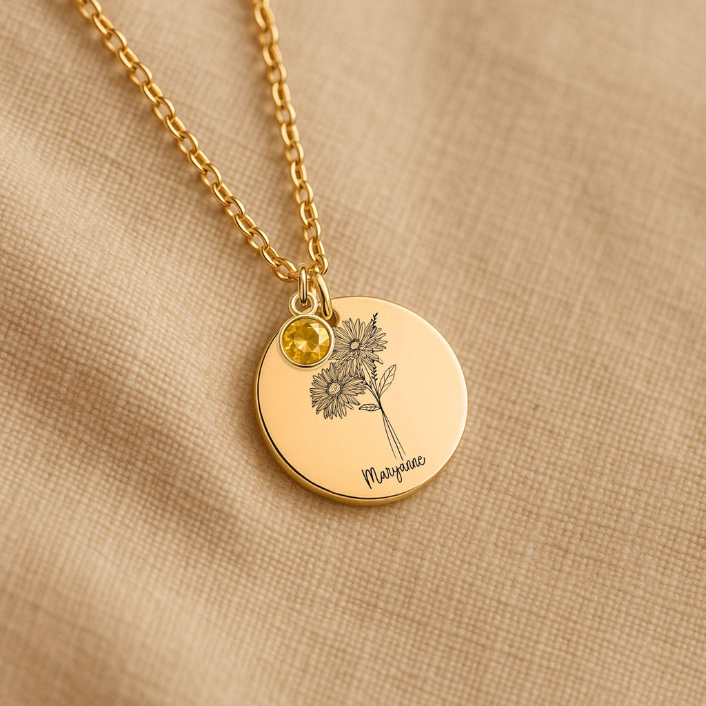 Custom Birth Flower Necklace with Birthstone, Personalized Flower Necklace Gift for Her, Birth Month Jewelry Keepsake Card