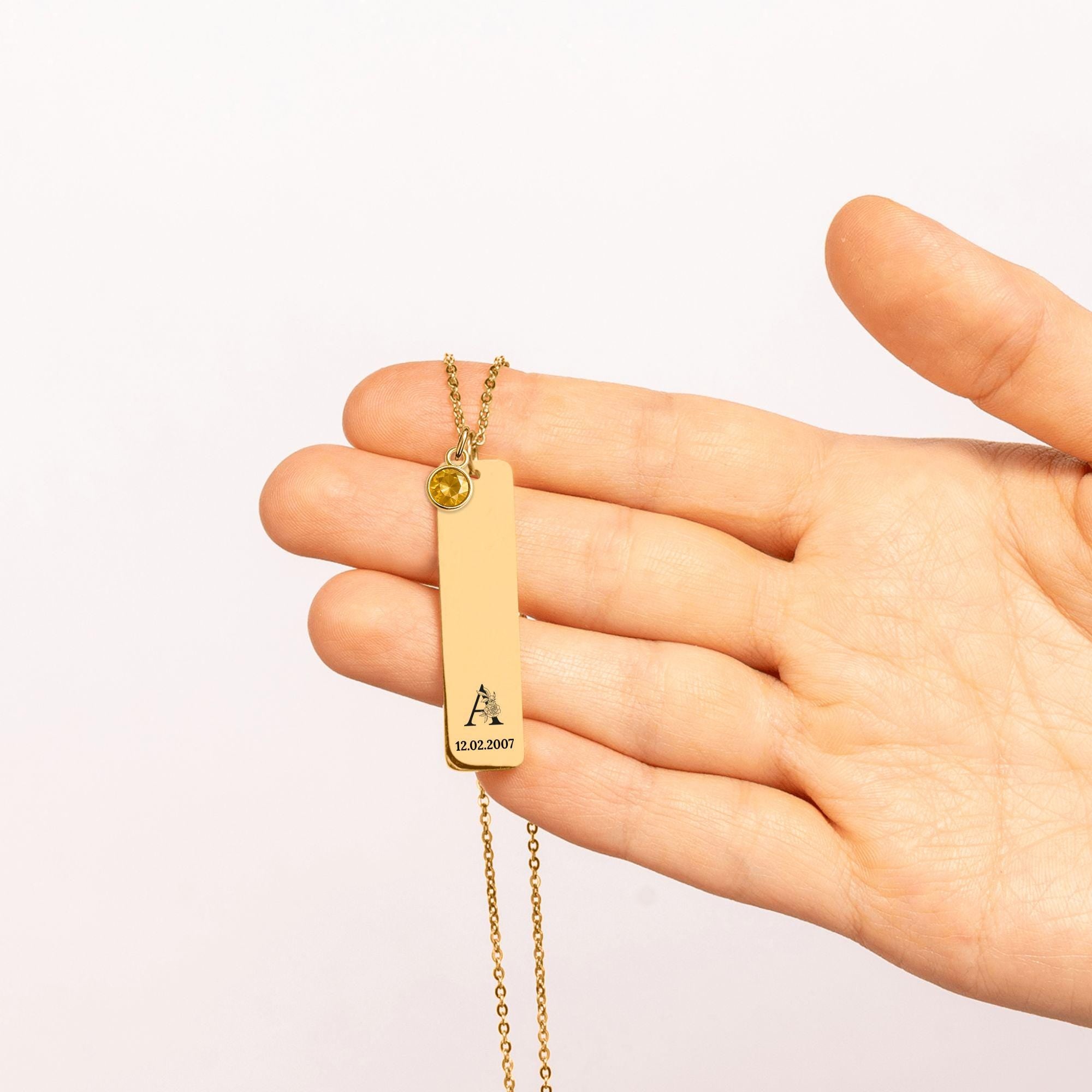 Personalized Vertical Bar Necklace with Birthstone | Stainless Steel or Gold Plated Custom Engraved Jewelry for Women, Gift for Her