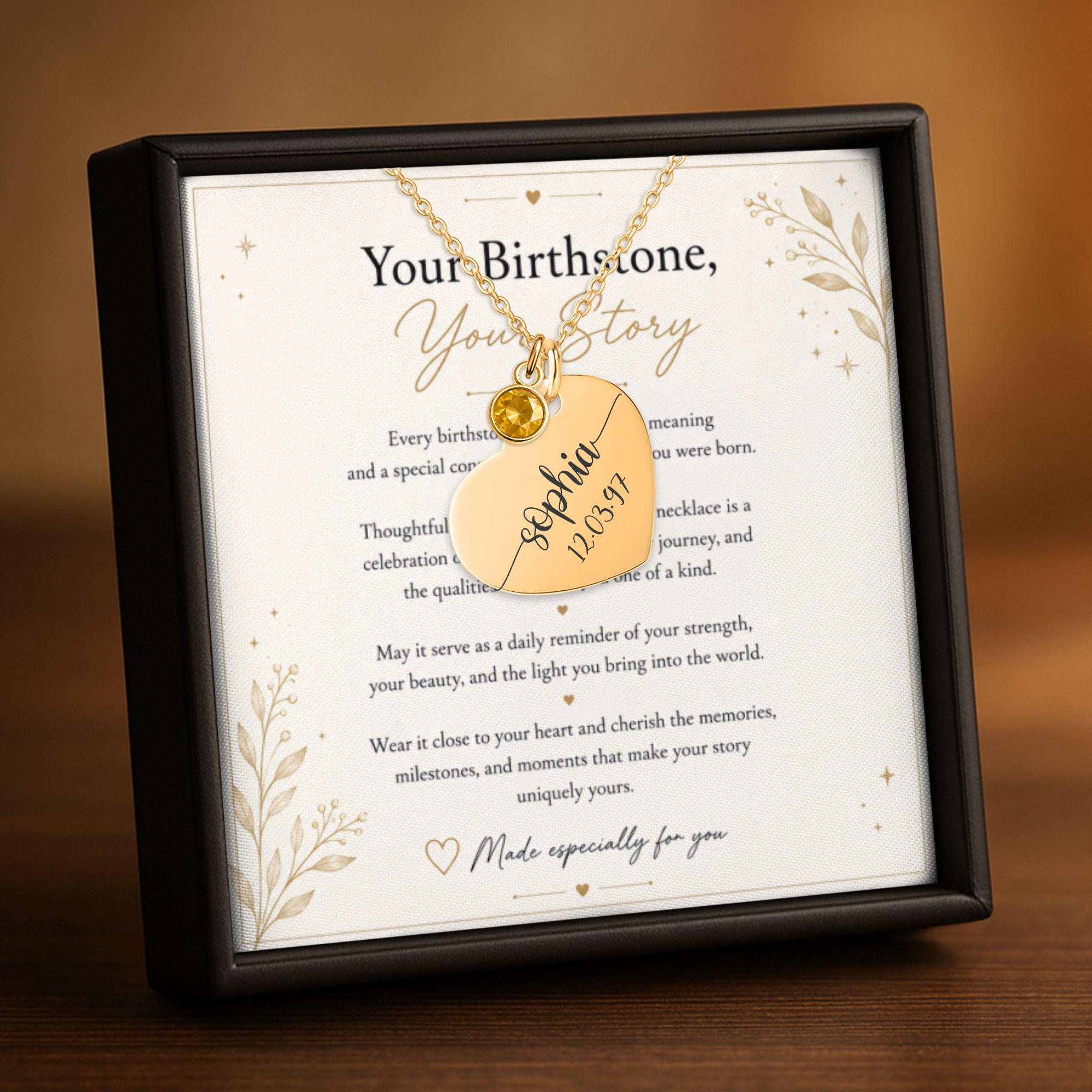 Personalized Heart Necklace with Birthstone | Custom Engraved Jewelry in Gold, Rose Gold, or Silver | Gift for Her, Mom, Birthday