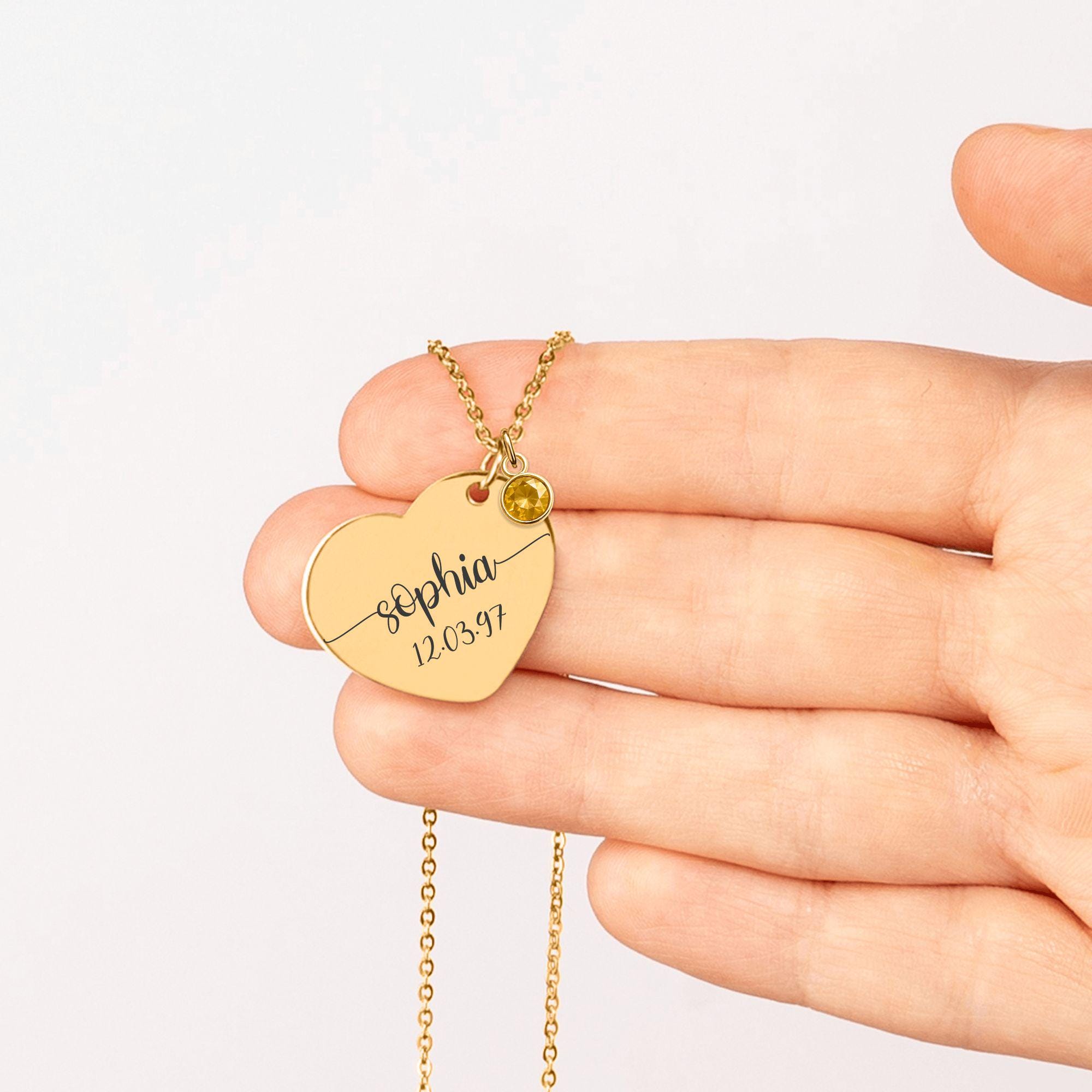 Personalized Heart Necklace with Birthstone | Custom Engraved Jewelry in Gold, Rose Gold, or Silver | Gift for Her, Mom, Birthday