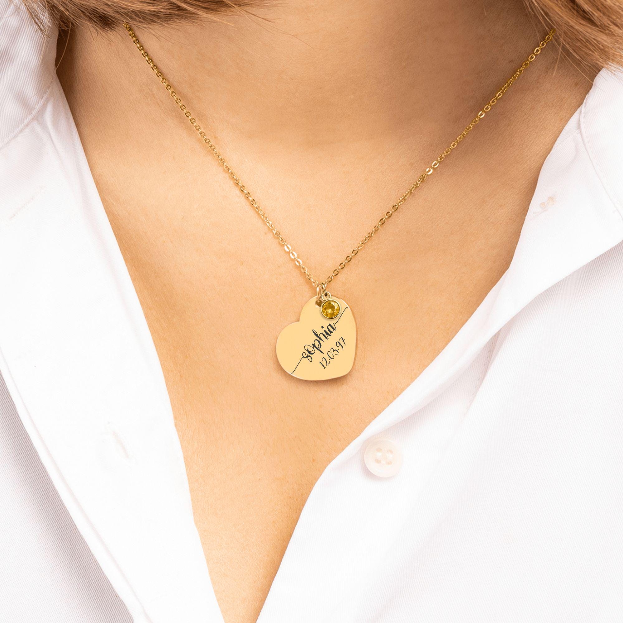 Personalized Heart Necklace with Birthstone | Custom Engraved Jewelry in Gold, Rose Gold, or Silver | Gift for Her, Mom, Birthday