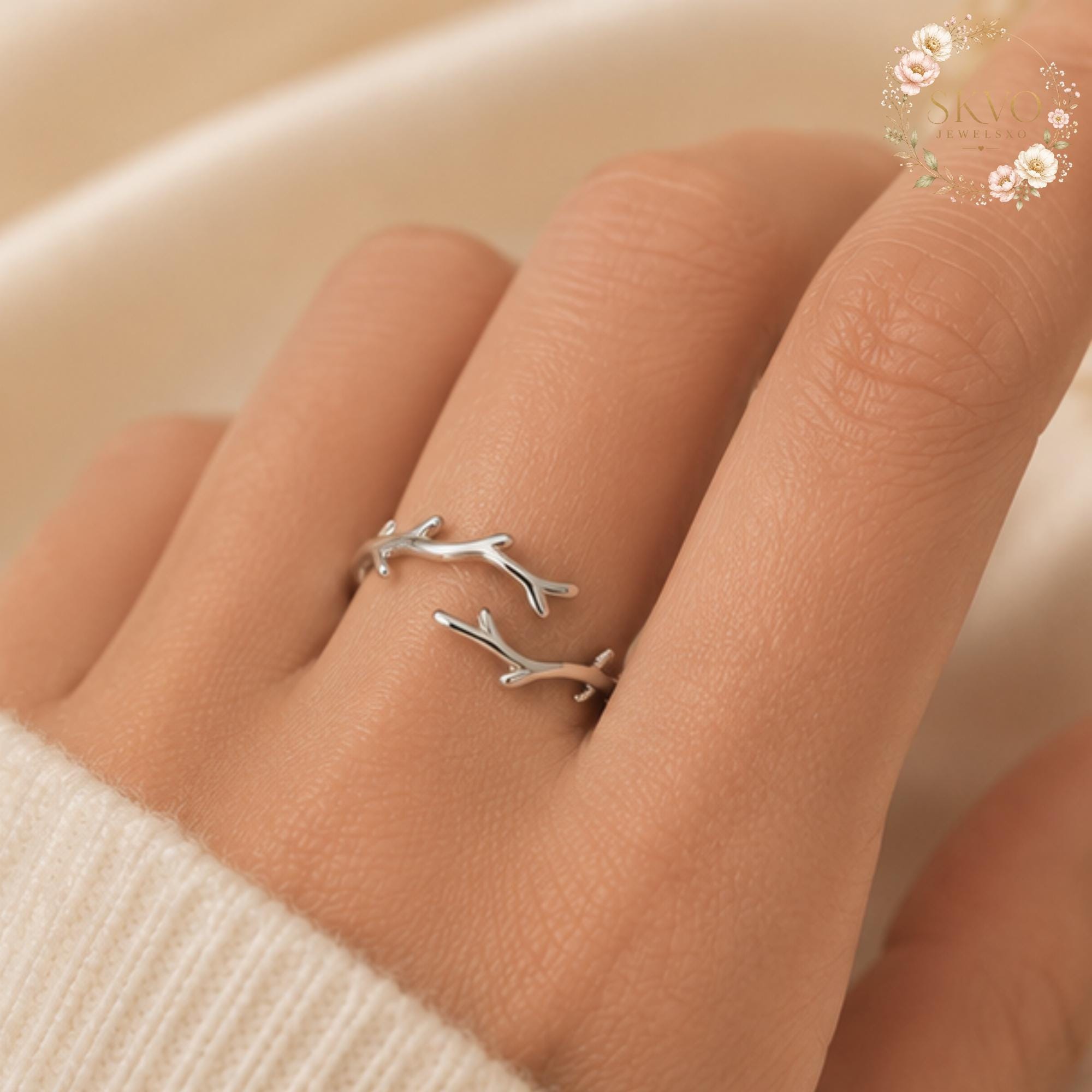Sterling Silver Branch Ring | Adjustable Antler Twig Ring | Minimalist Willow Jewelry | Nature Inspired Gift for Her | Dainty Silver Ring