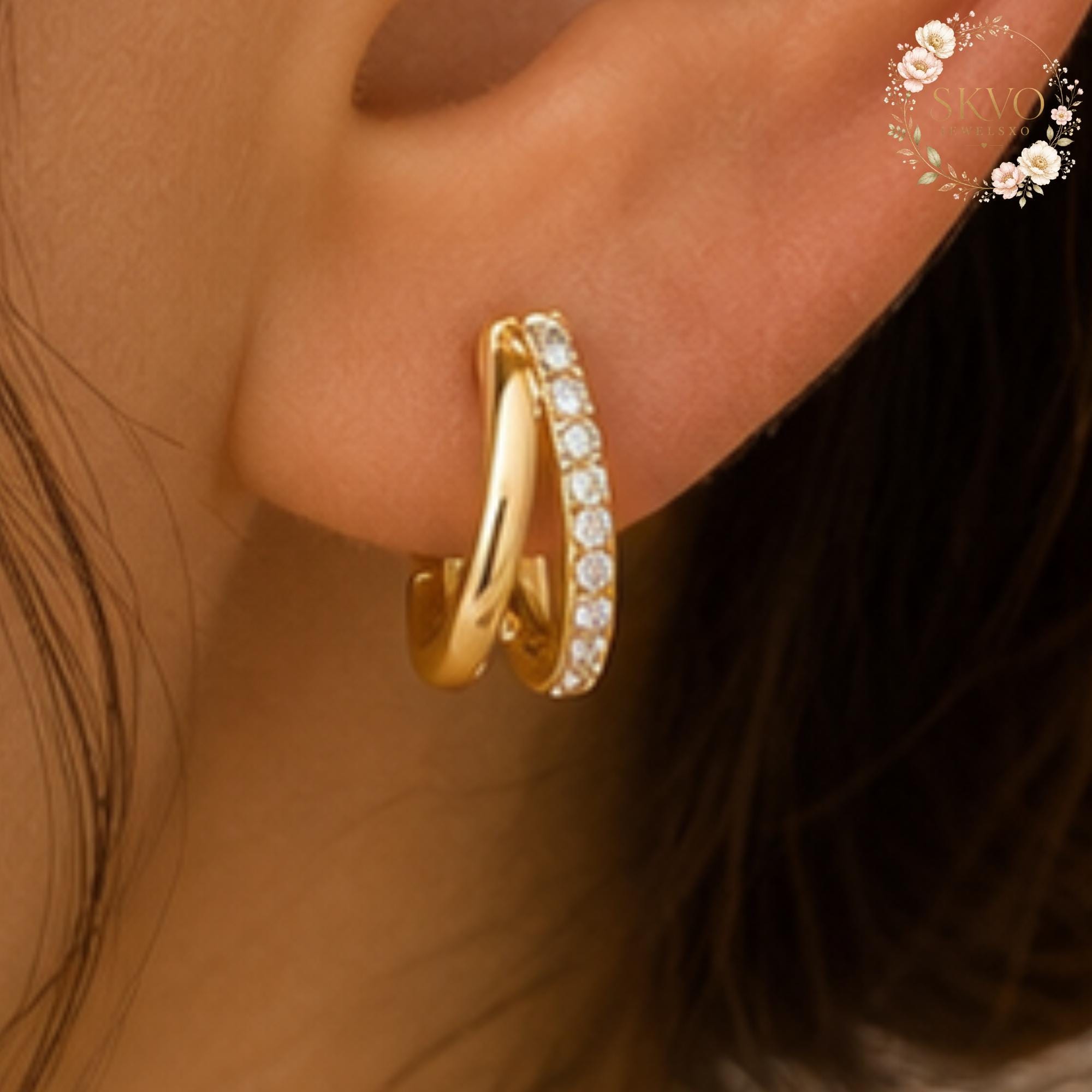Elegant Gold Huggie Earrings with CZ Crystal Accent, Dangle Jewelry for Women, Gift for Her, Stylish Bridal or Everyday Accessory