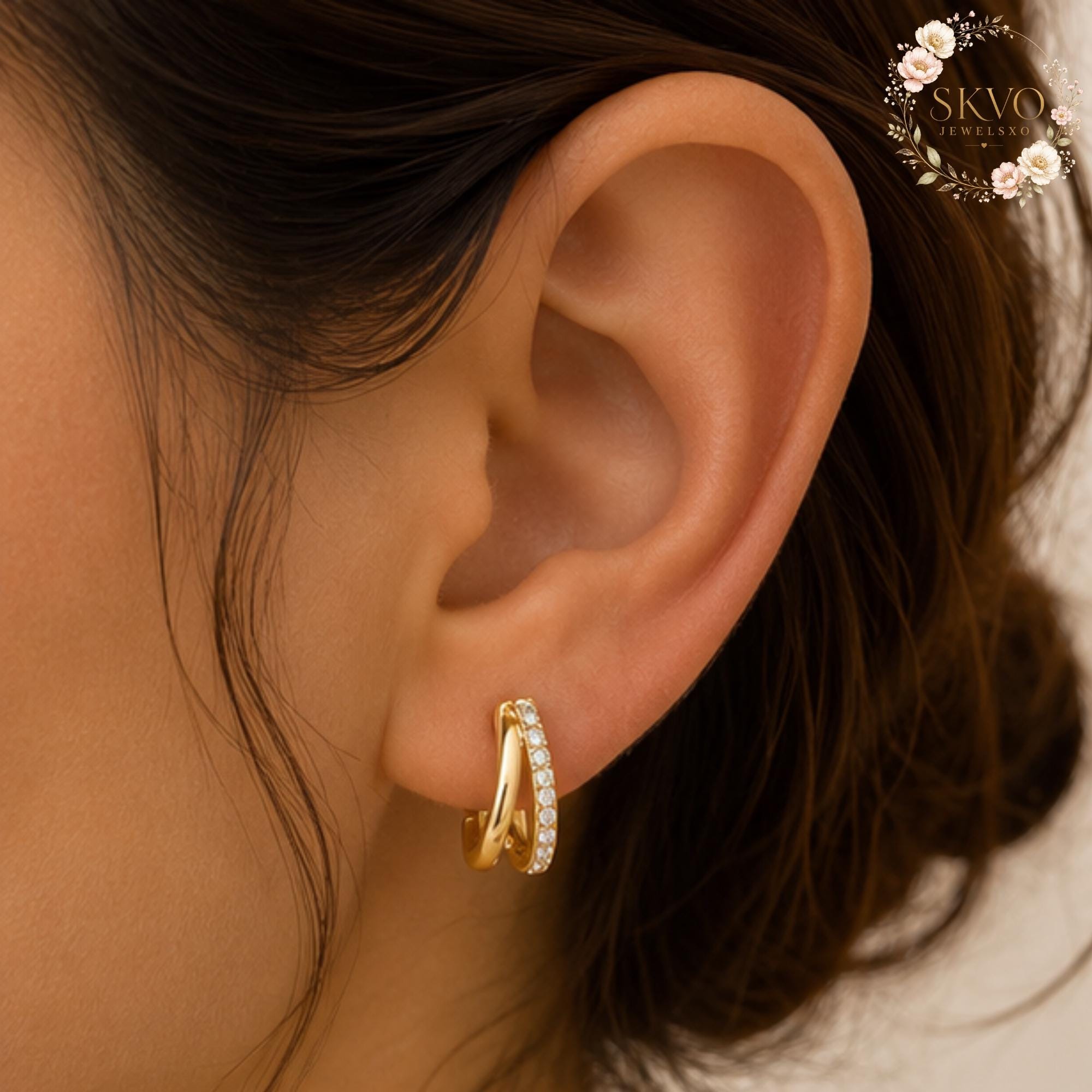 Elegant Gold Huggie Earrings with CZ Crystal Accent, Dangle Jewelry for Women, Gift for Her, Stylish Bridal or Everyday Accessory