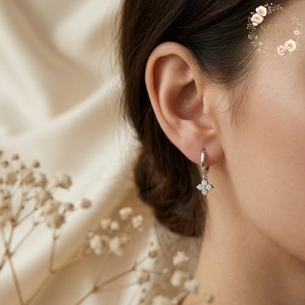Diamond Clover Hoop Earrings, Sterling Silver or Gold Plated Jewelry, Elegant Gift for Her, Minimalist Wedding or Anniversary Accessory