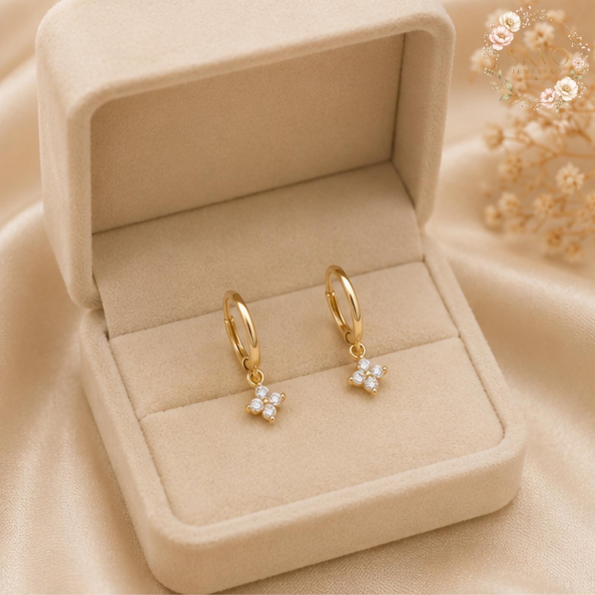 Diamond Clover Hoop Earrings, Sterling Silver or Gold Plated Jewelry, Elegant Gift for Her, Minimalist Wedding or Anniversary Accessory