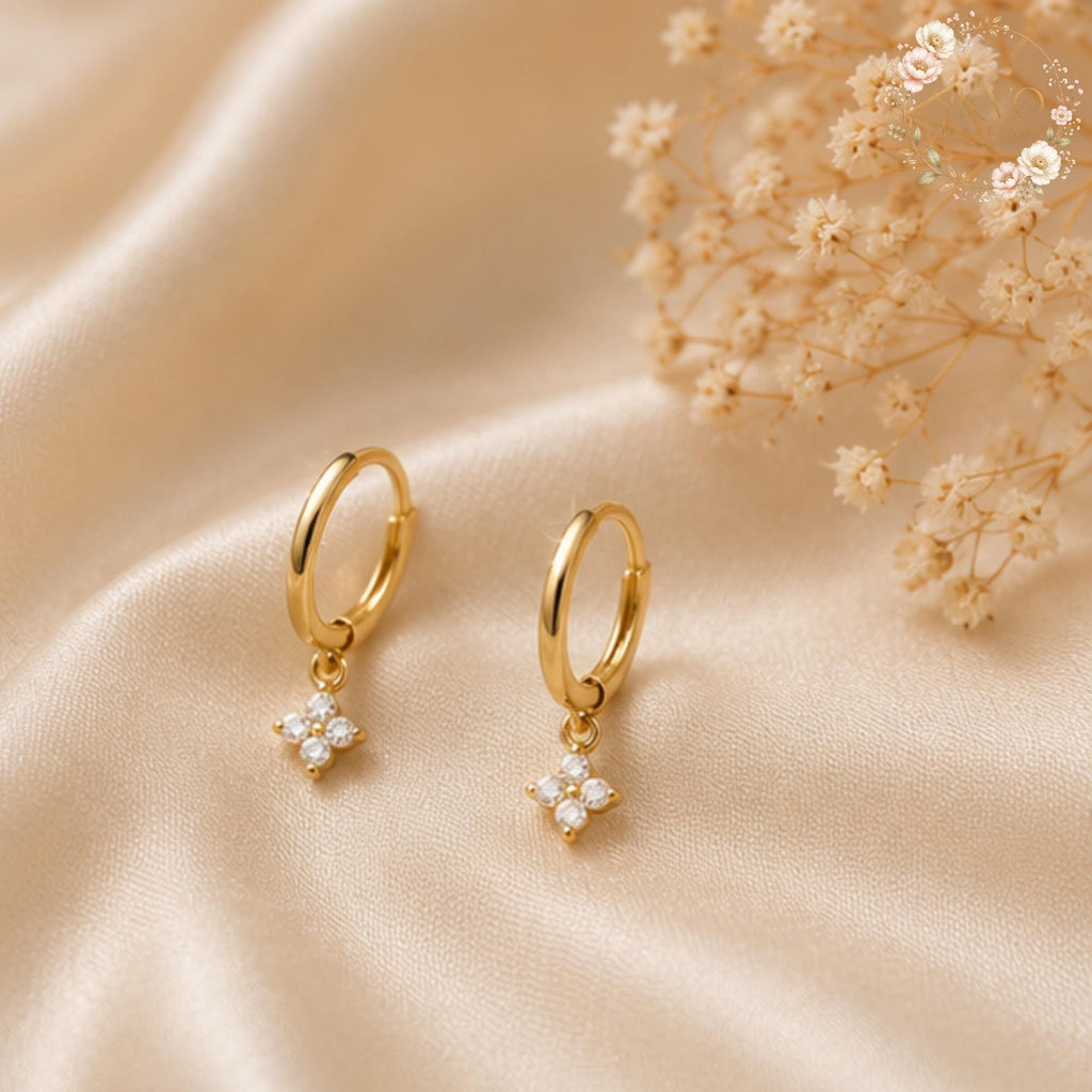 Diamond Clover Hoop Earrings, Sterling Silver or Gold Plated Jewelry, Elegant Gift for Her, Minimalist Wedding or Anniversary Accessory