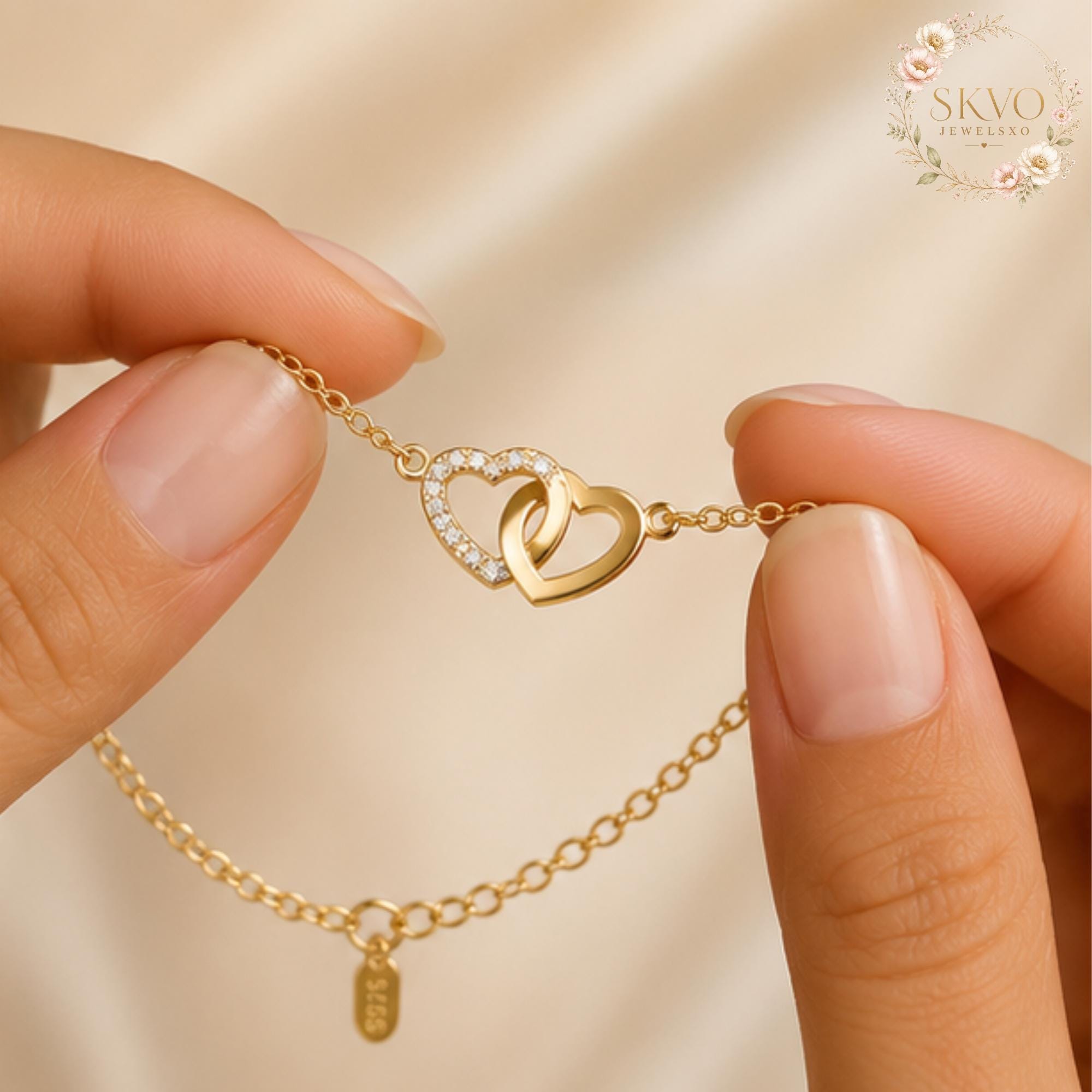 Gold Heart Bracelet, Interlocking Heart Bracelet, Dainty Crystal Bracelet, Romantic Jewelry Gift for Her