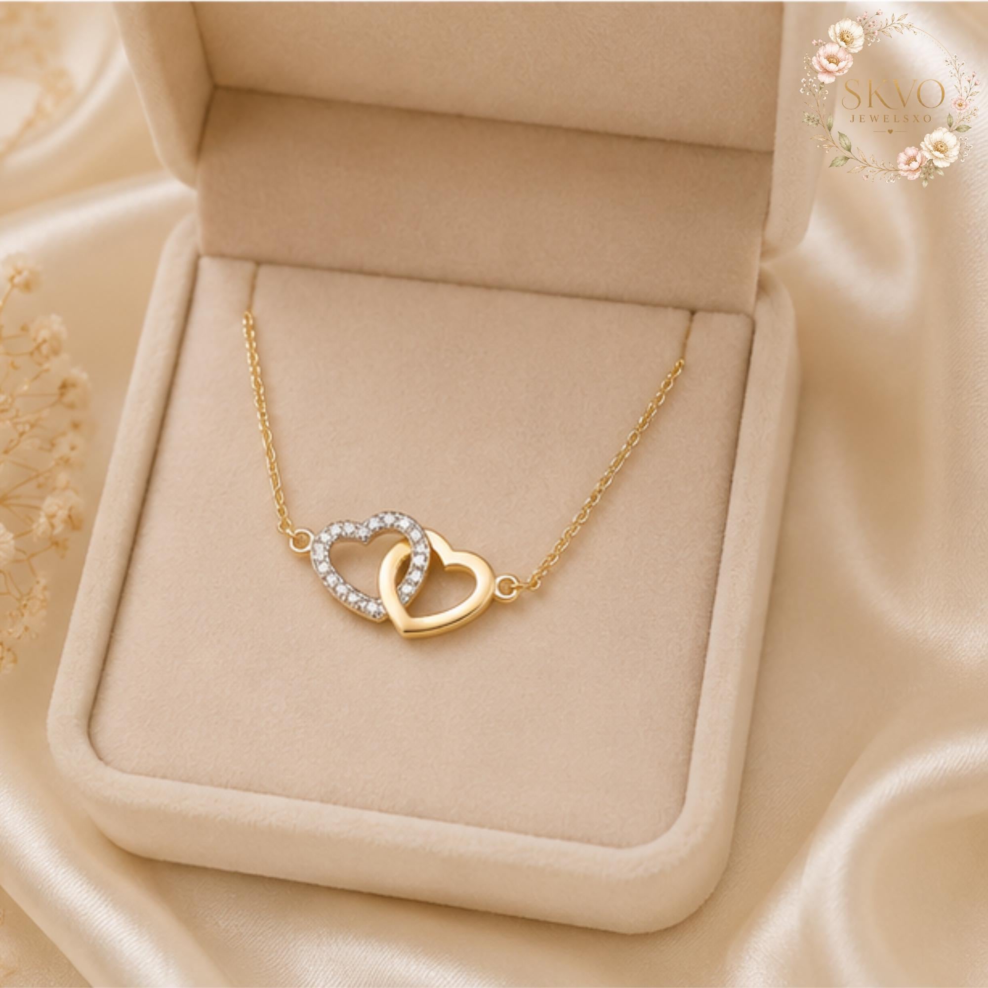 Gold Heart Bracelet, Interlocking Heart Bracelet, Dainty Crystal Bracelet, Romantic Jewelry Gift for Her