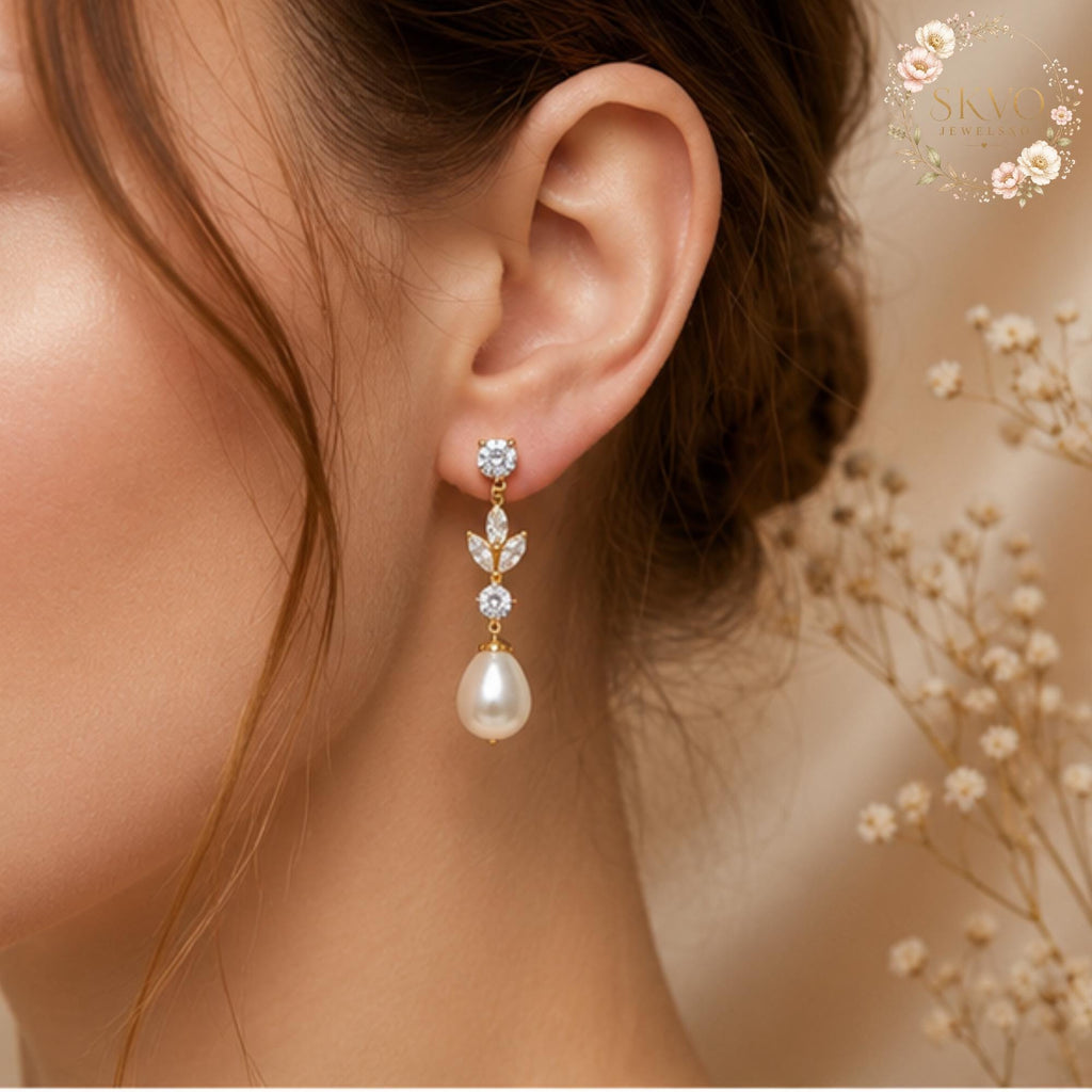 Pearl Drop Earrings, Gold Crystal Bridal Earrings, Dainty Pearl Earrings, Elegant Wedding Jewelry Gift for Her