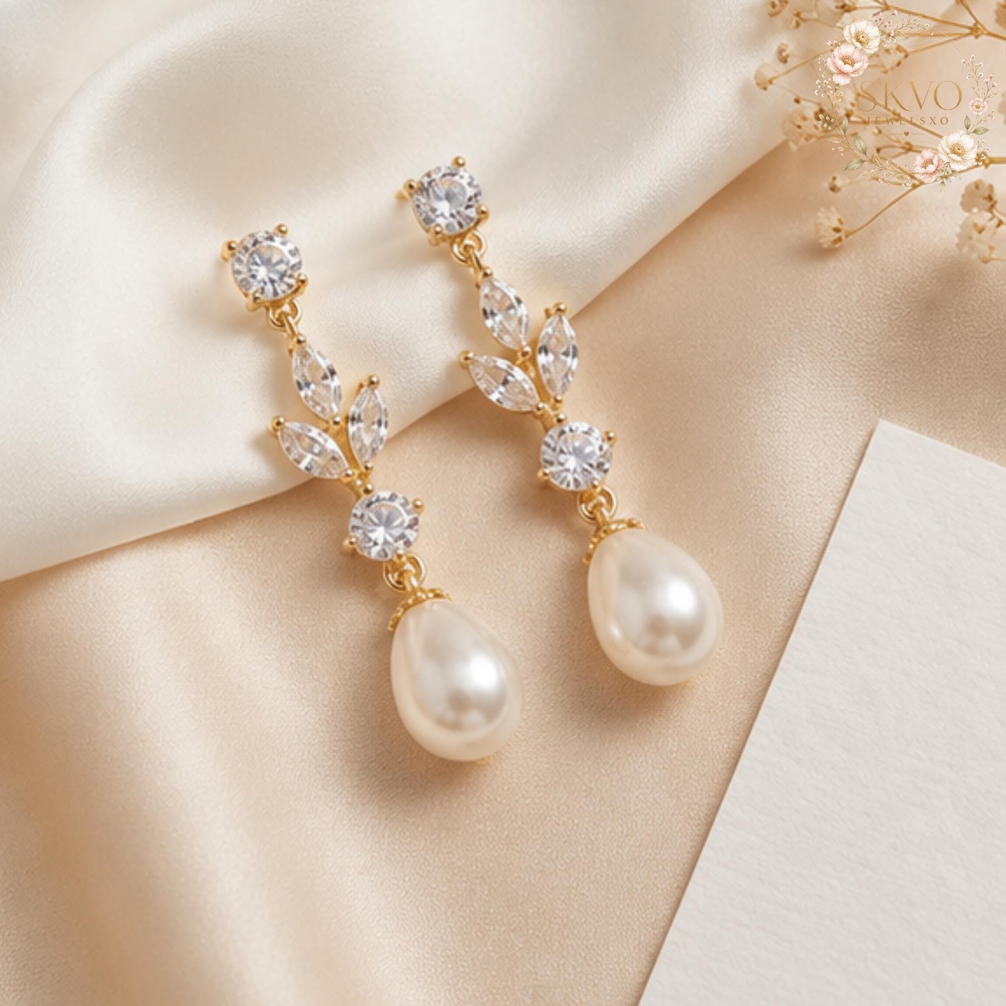 Pearl Drop Earrings, Gold Crystal Bridal Earrings, Dainty Pearl Earrings, Elegant Wedding Jewelry Gift for Her