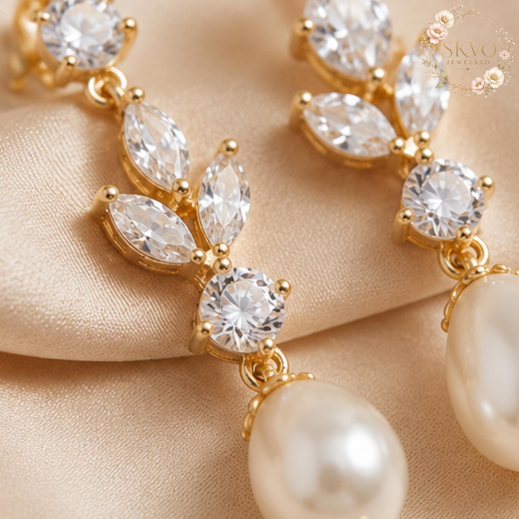 Pearl Drop Earrings, Gold Crystal Bridal Earrings, Dainty Pearl Earrings, Elegant Wedding Jewelry Gift for Her
