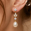 Pearl Drop Earrings, Gold Crystal Bridal Earrings, Dainty Pearl Earrings, Elegant Wedding Jewelry Gift for Her