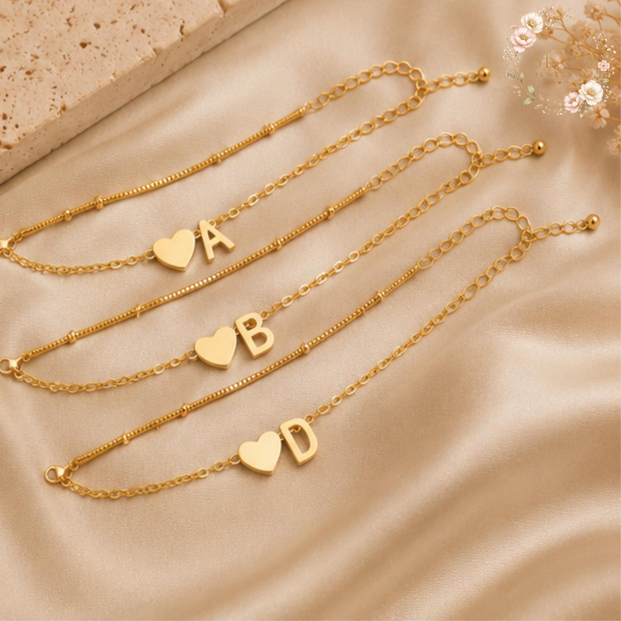 Custom Initial Bracelet, Heart Letter Bracelet, Personalized Gold Bracelet, Initial Charm Bracelet, Gift for Her