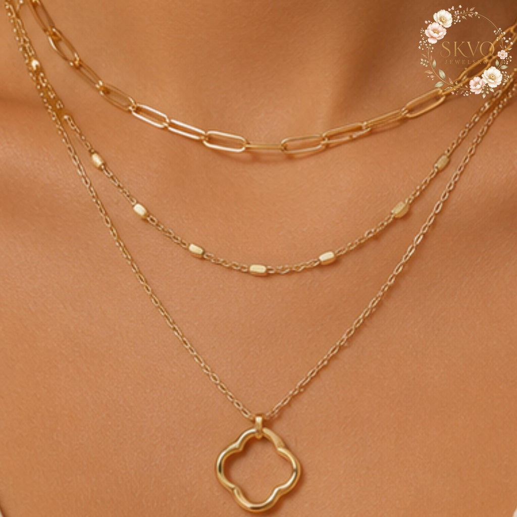 Layered Gold Necklace, Clover Pendant Necklace, Multi Strand Necklace, Dainty Chain Necklace, Everyday Jewelry Gift