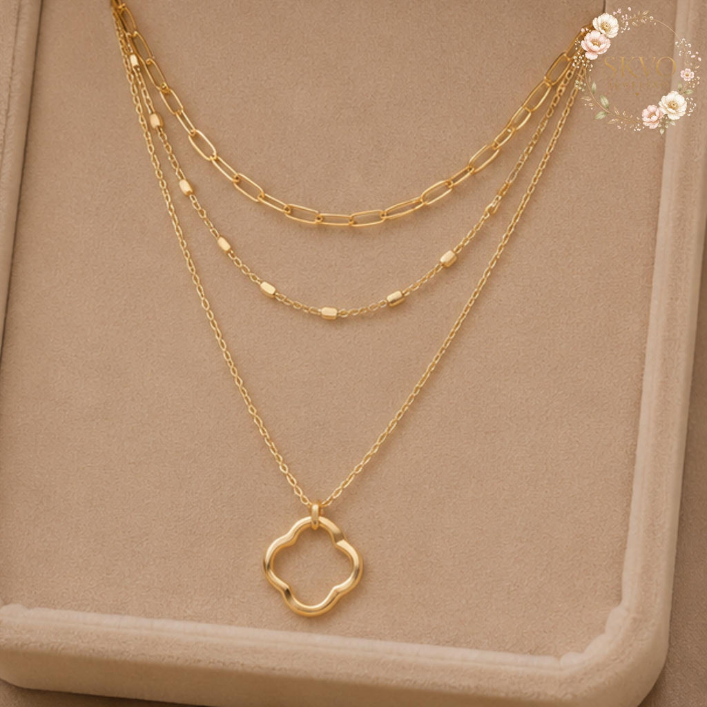 Layered Gold Necklace, Clover Pendant Necklace, Multi Strand Necklace, Dainty Chain Necklace, Everyday Jewelry Gift