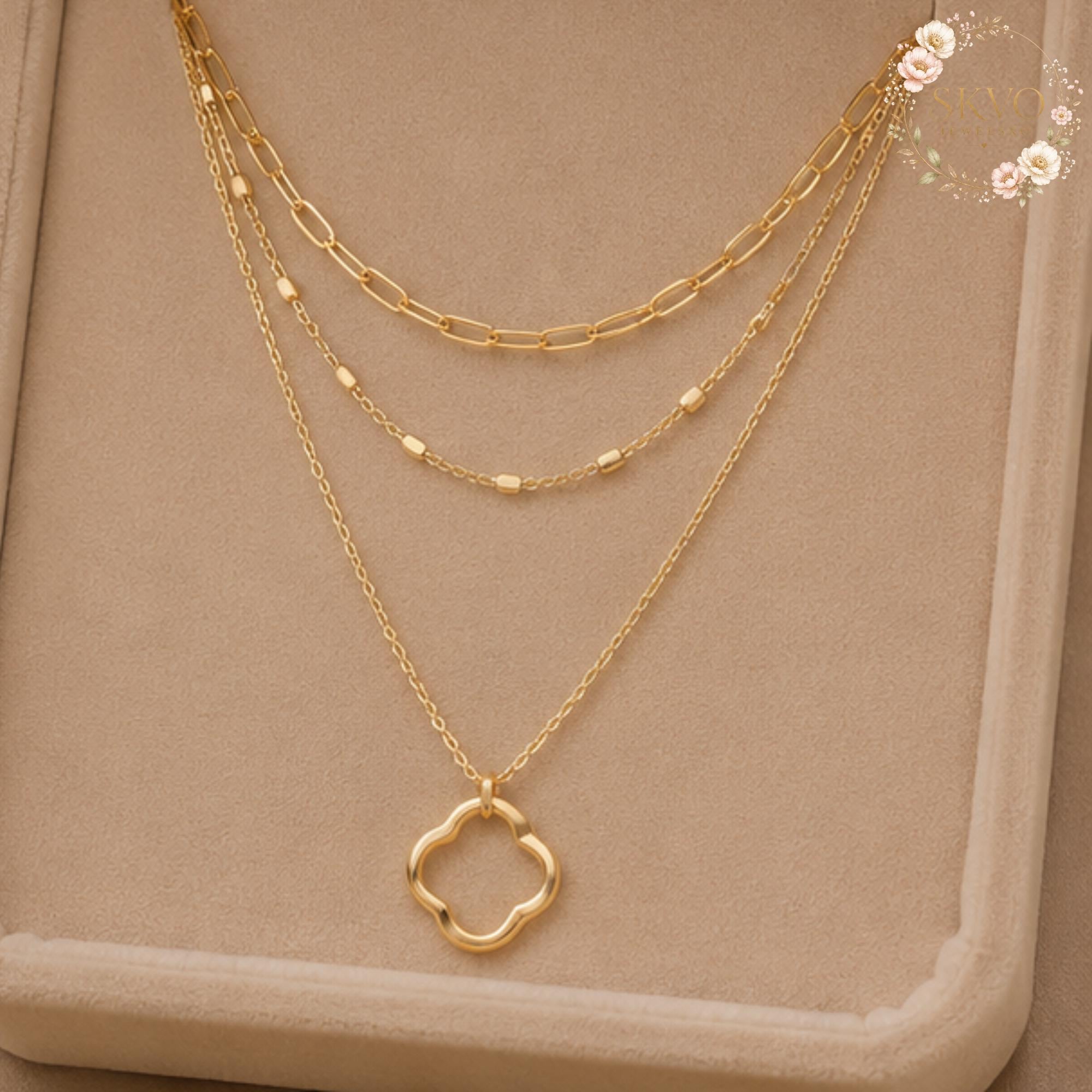 Layered Gold Necklace, Clover Pendant Necklace, Multi Strand Necklace, Dainty Chain Necklace, Everyday Jewelry Gift