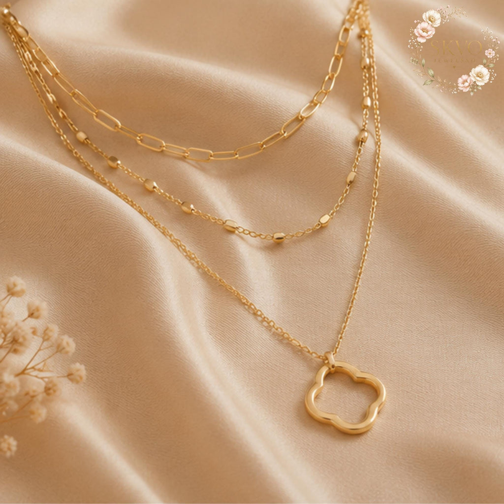 Layered Gold Necklace, Clover Pendant Necklace, Multi Strand Necklace, Dainty Chain Necklace, Everyday Jewelry Gift