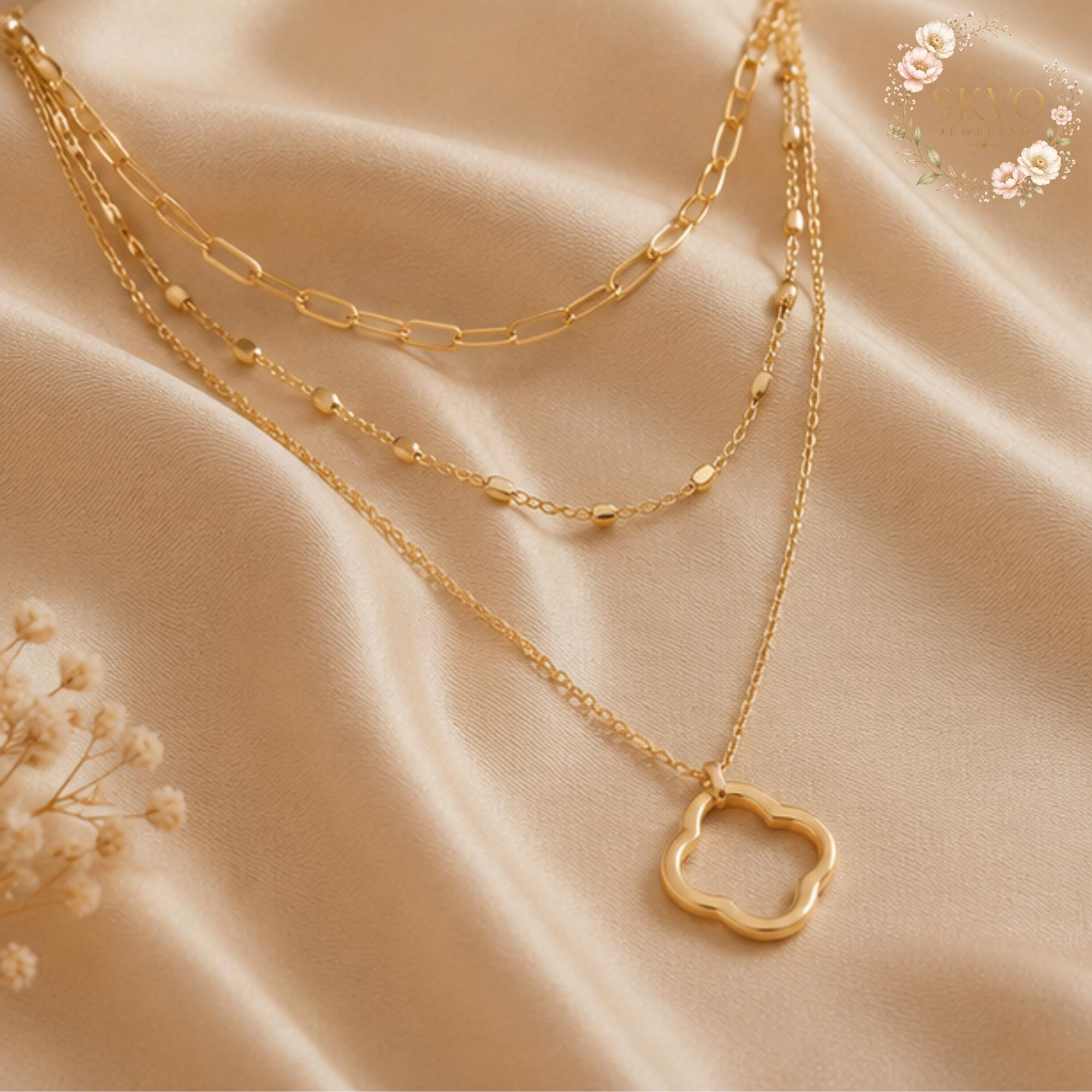 Layered Gold Necklace, Clover Pendant Necklace, Multi Strand Necklace, Dainty Chain Necklace, Everyday Jewelry Gift