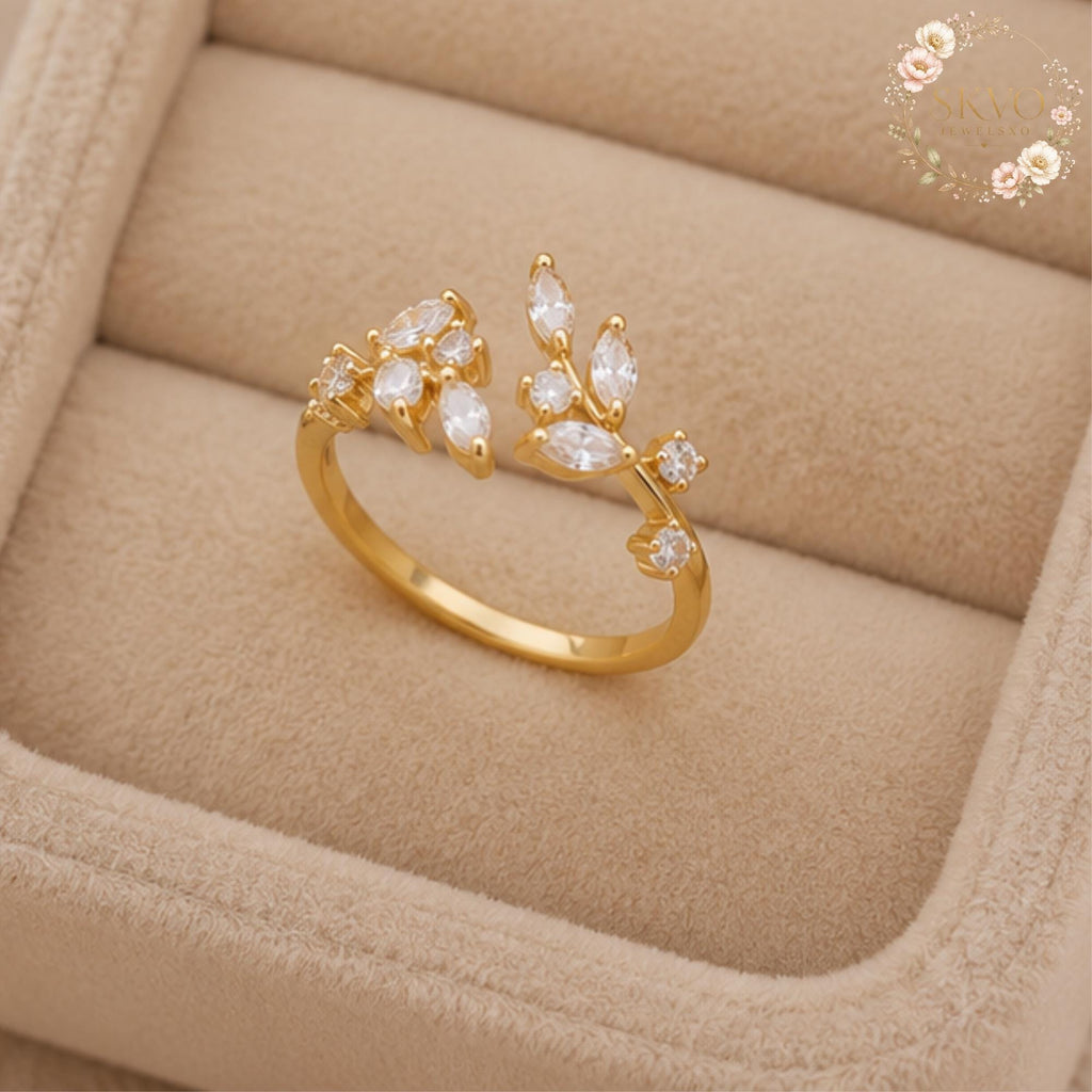Gold Leaf Ring, Adjustable Crystal Ring, Dainty Floral Ring, Open Band Ring, Nature Inspired Jewelry Gift for Her