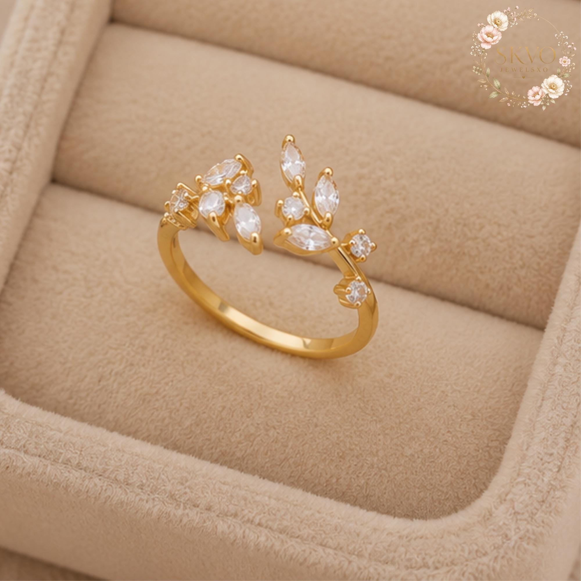 Gold Leaf Ring, Adjustable Crystal Ring, Dainty Floral Ring, Open Band Ring, Nature Inspired Jewelry Gift for Her