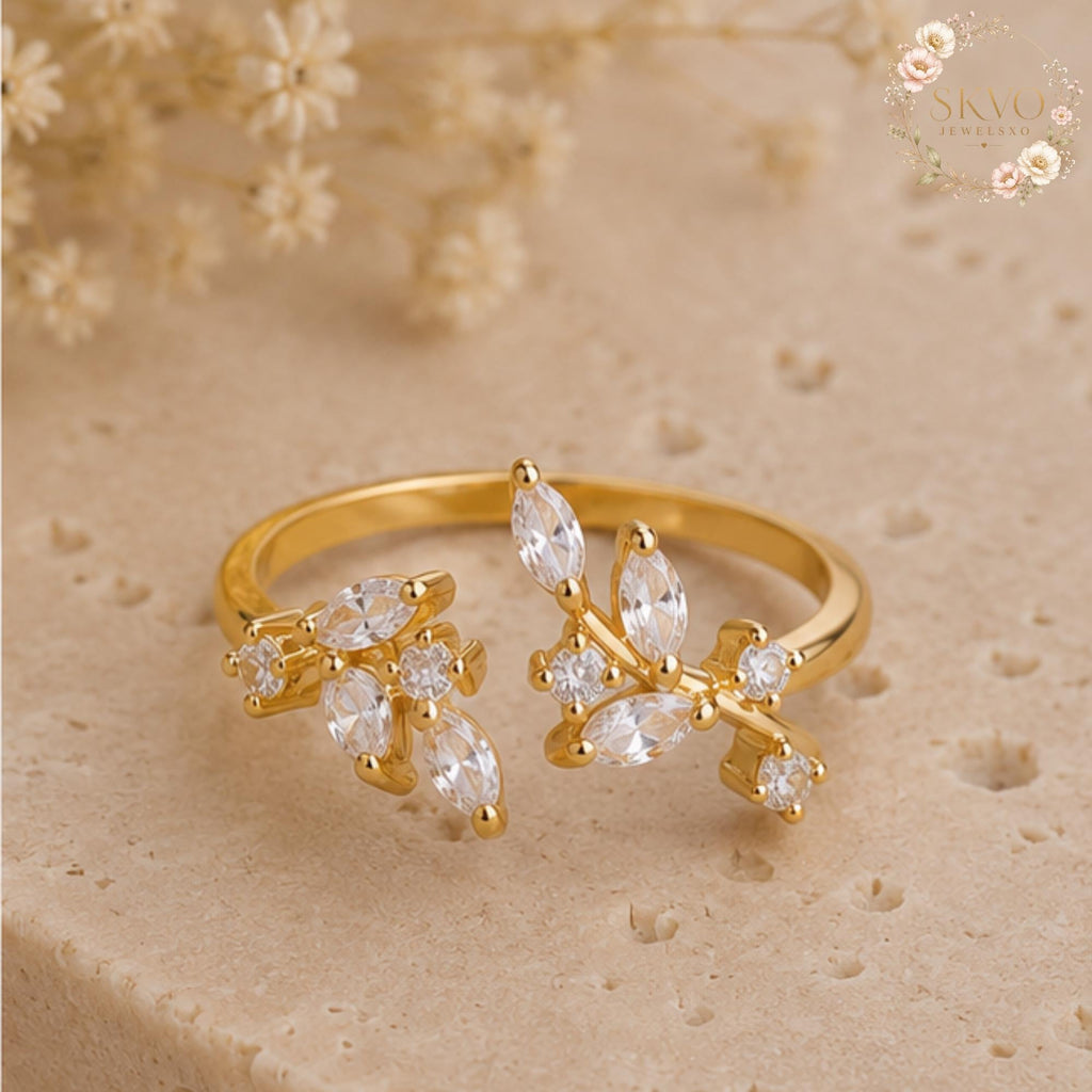 Gold Leaf Ring, Adjustable Crystal Ring, Dainty Floral Ring, Open Band Ring, Nature Inspired Jewelry Gift for Her