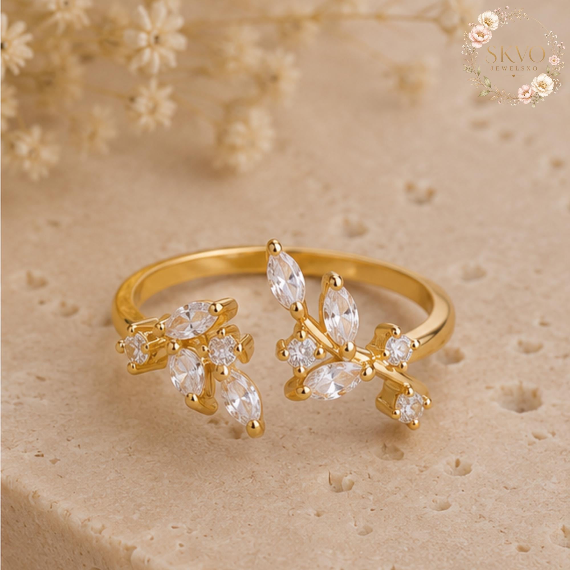 Gold Leaf Ring, Adjustable Crystal Ring, Dainty Floral Ring, Open Band Ring, Nature Inspired Jewelry Gift for Her