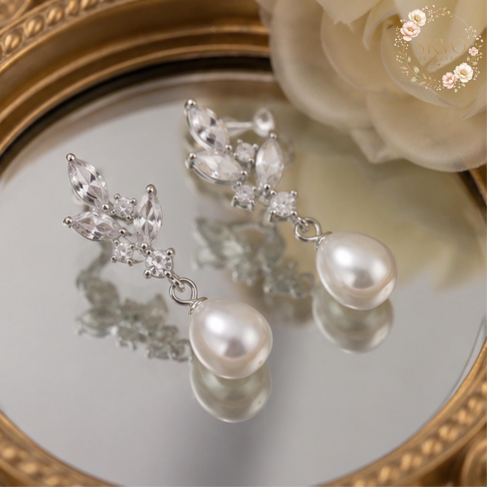 Silver Pearl Drop Earrings, Crystal Leaf Earrings, Bridal Pearl Earrings, Elegant Wedding Jewelry Gift for Her