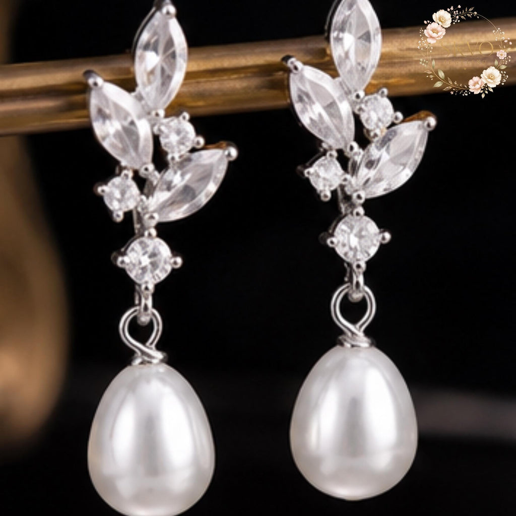Silver Pearl Drop Earrings, Crystal Leaf Earrings, Bridal Pearl Earrings, Elegant Wedding Jewelry Gift for Her