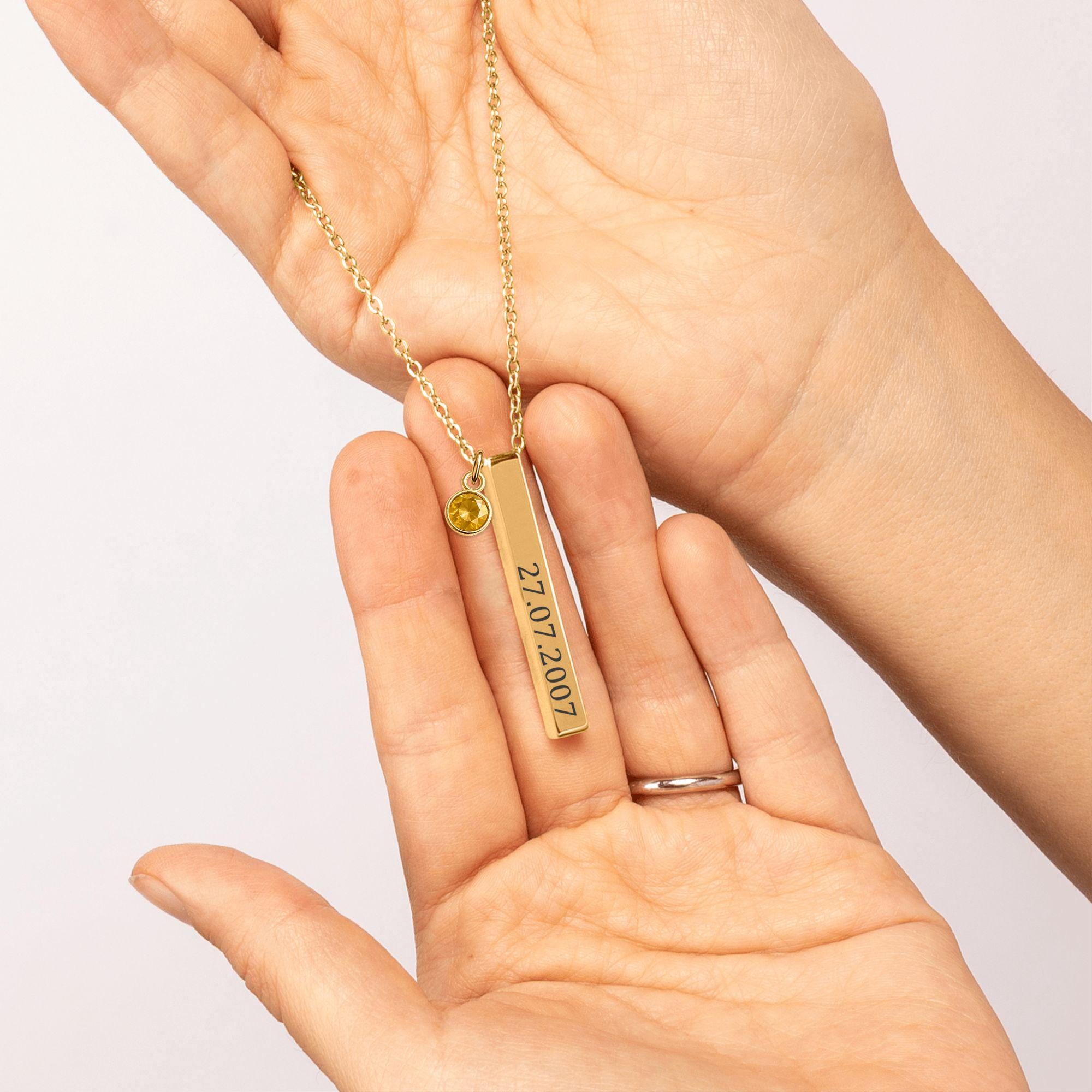 Personalized 3D Bar Necklace with Birthstone | Custom Engraved Stainless Steel or Gold Plated Pendant | Gift for Her, Mother's Day