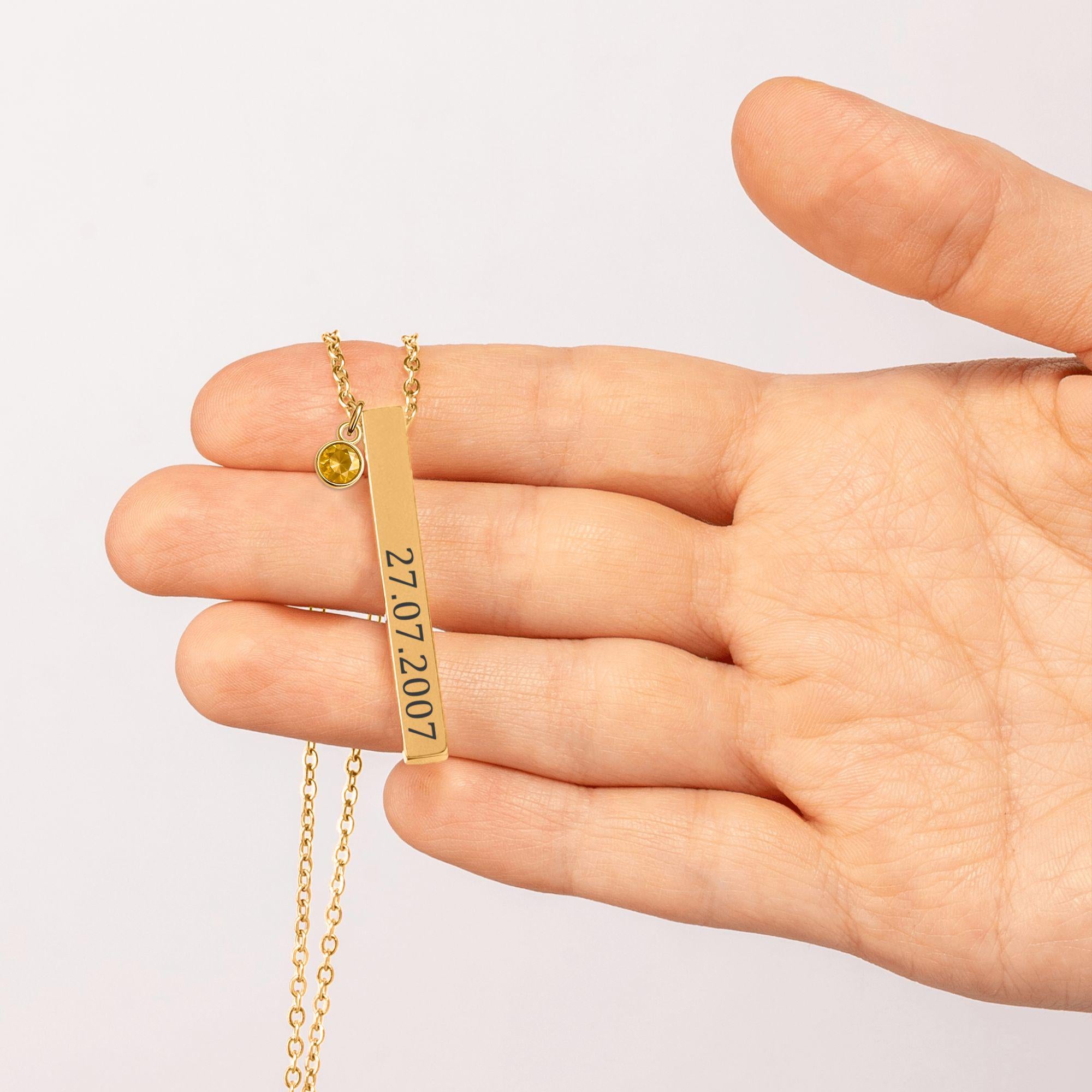 Personalized 3D Bar Necklace with Birthstone | Custom Engraved Stainless Steel or Gold Plated Pendant | Gift for Her, Mother's Day