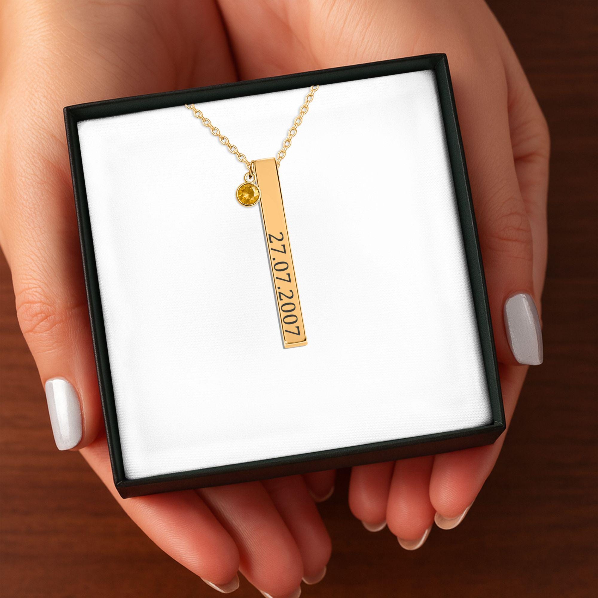 Personalized 3D Bar Necklace with Birthstone | Custom Engraved Stainless Steel or Gold Plated Pendant | Gift for Her, Mother's Day