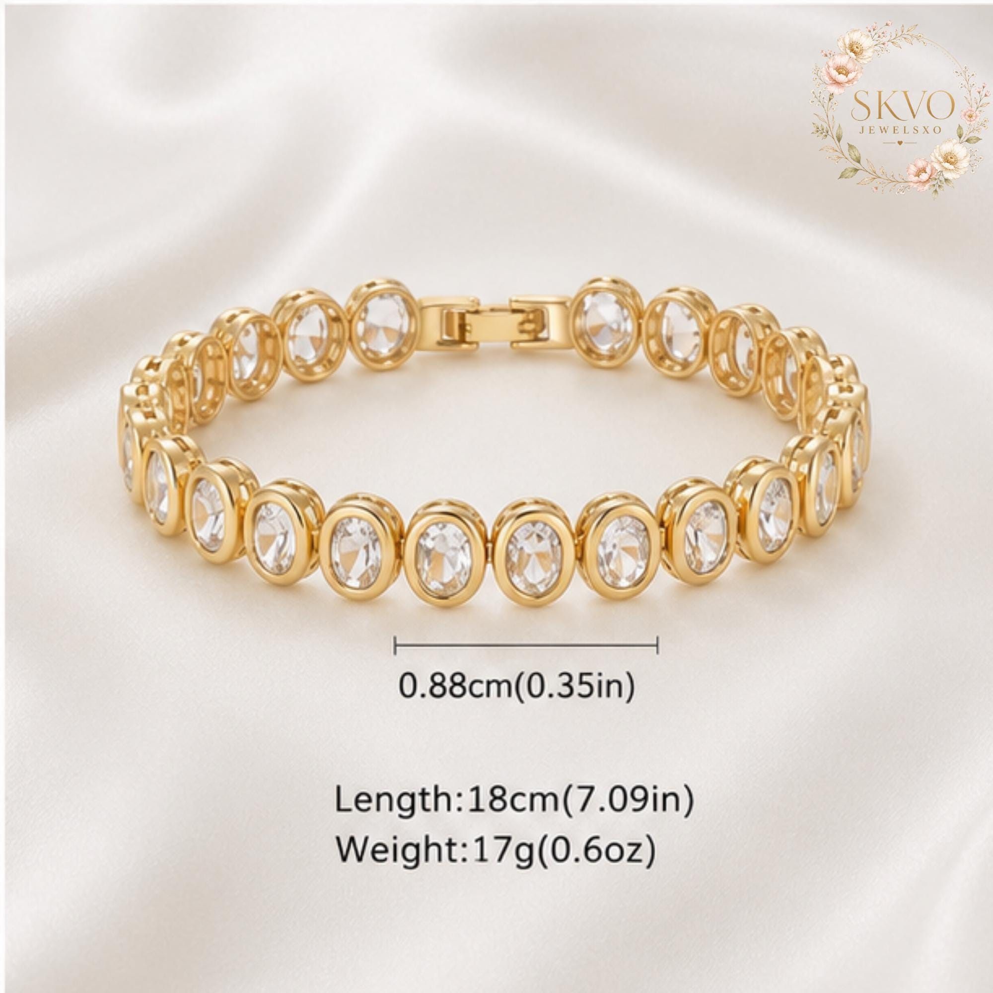 Gold Plated Chain Bracelet with Clear Cubic Zirconia Stones, Elegant Jewelry for Women, Wedding, Anniversary, Gift Idea