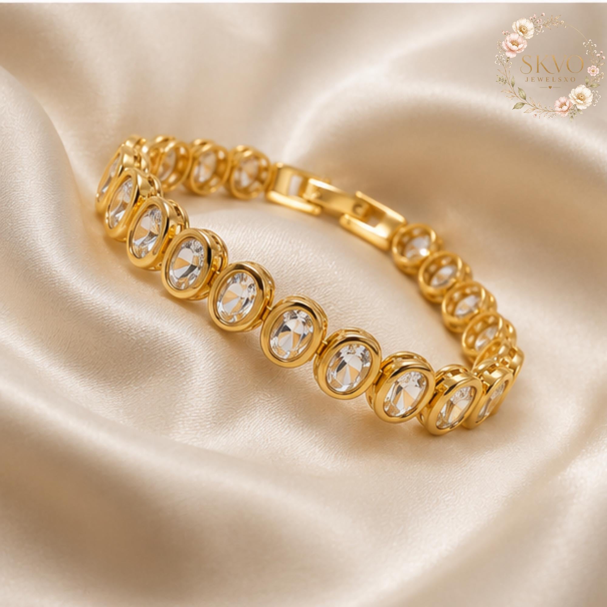 Gold Plated Chain Bracelet with Clear Cubic Zirconia Stones, Elegant Jewelry for Women, Wedding, Anniversary, Gift Idea