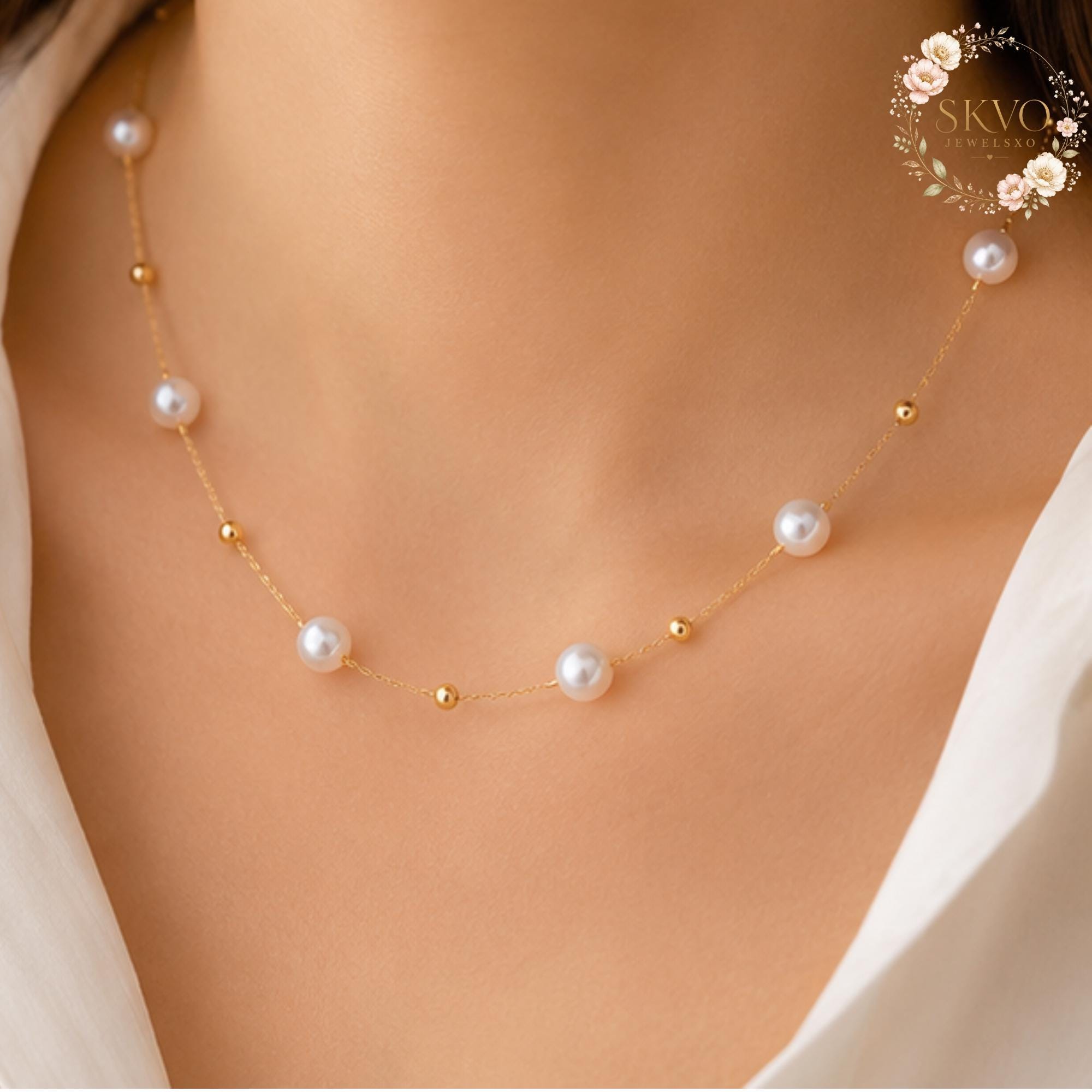 Pearl Beads Necklace Minimalist Style, Elegant Jewelry for Women, Delicate Layered Pearl Necklace, Wedding, Anniversary Gift