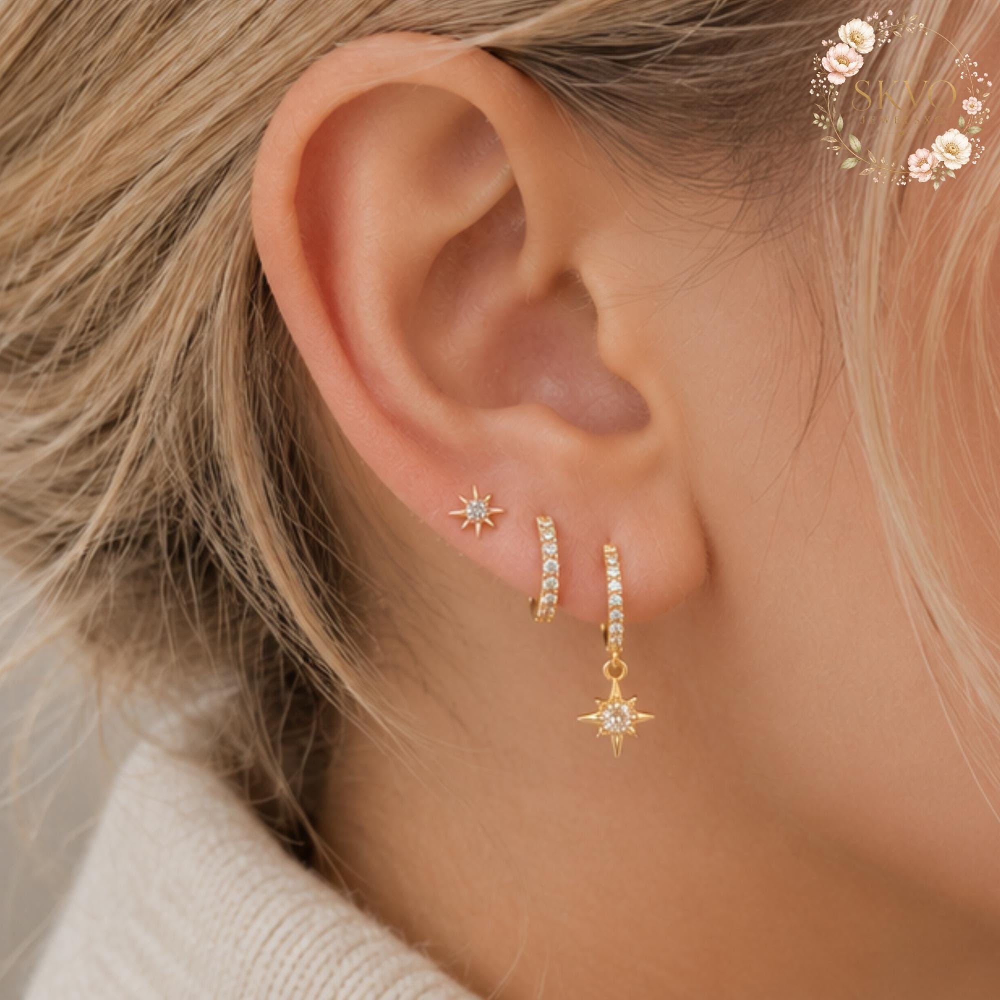 3 Piece Star Earrings, Sterling Silver Dangle Jewelry, Elegant Bridal or Gift Earrings, Sparkling Star Earring Set