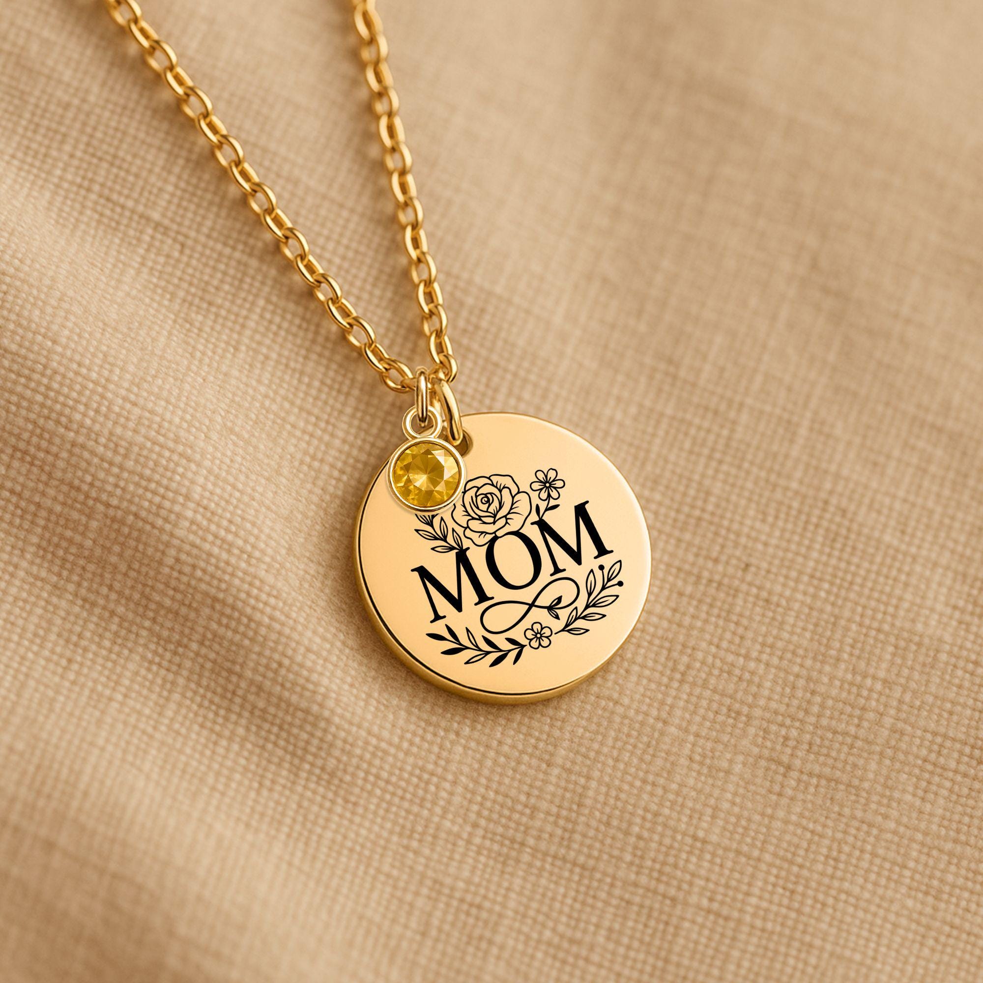 Personalized Coin Necklace with Birthstone, Custom Engraved Mom Jewelry, Stainless Steel or Gold Plated, Gift for Mother, Women's Pendant