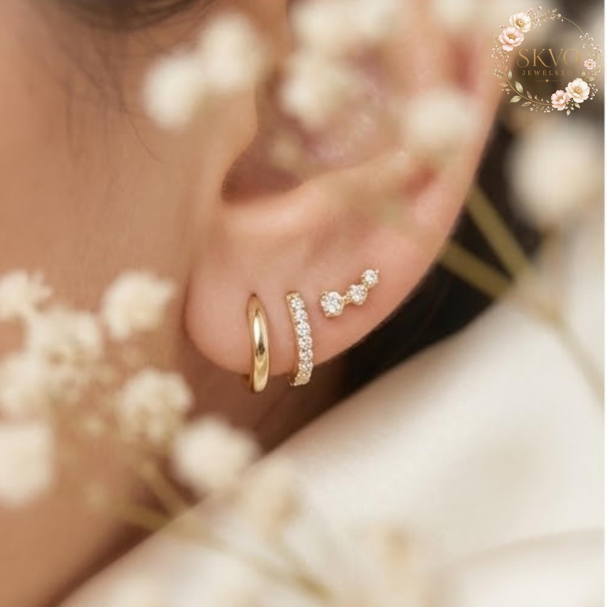 Gold Plated Multi-Piercing Earrings, Dainty Hoop and Crystal Studs, Trendy Ear Jewelry for Women, Gift for Her, Elegant Silver Look