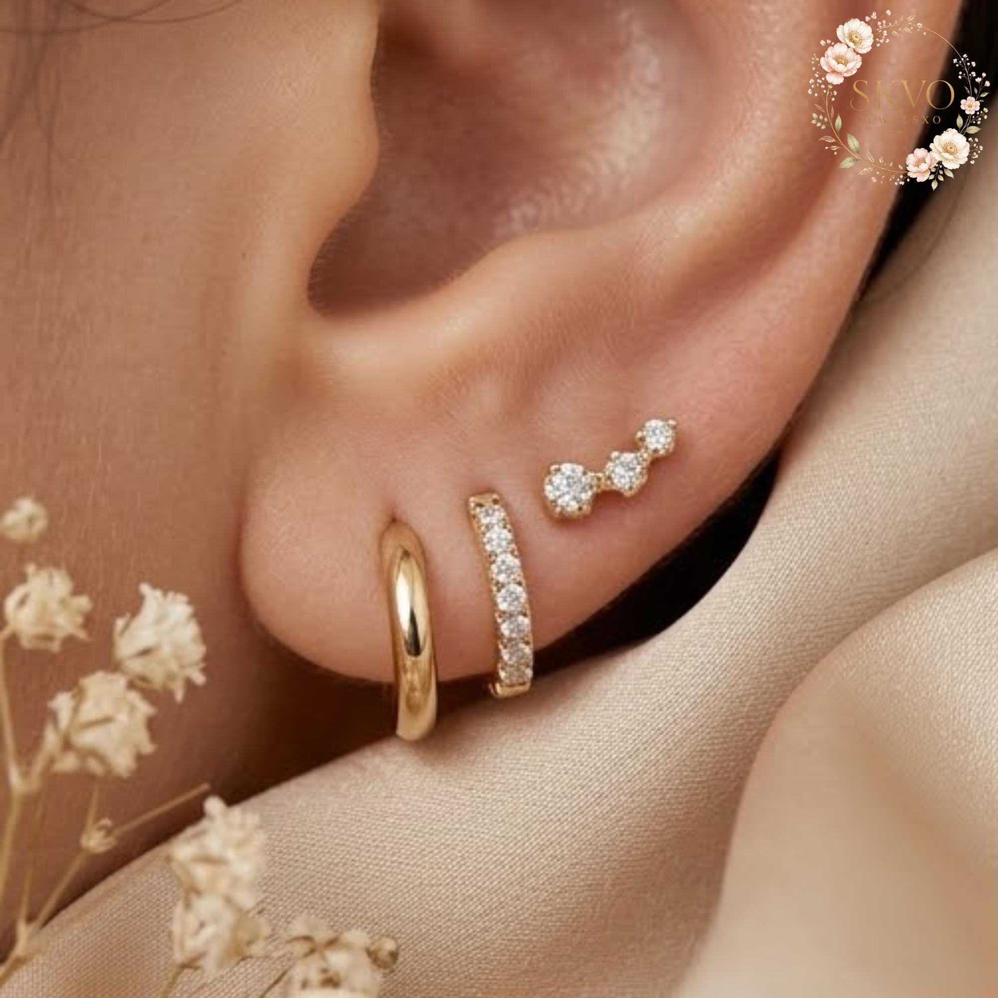Gold Plated Multi-Piercing Earrings, Dainty Hoop and Crystal Studs, Trendy Ear Jewelry for Women, Gift for Her, Elegant Silver Look
