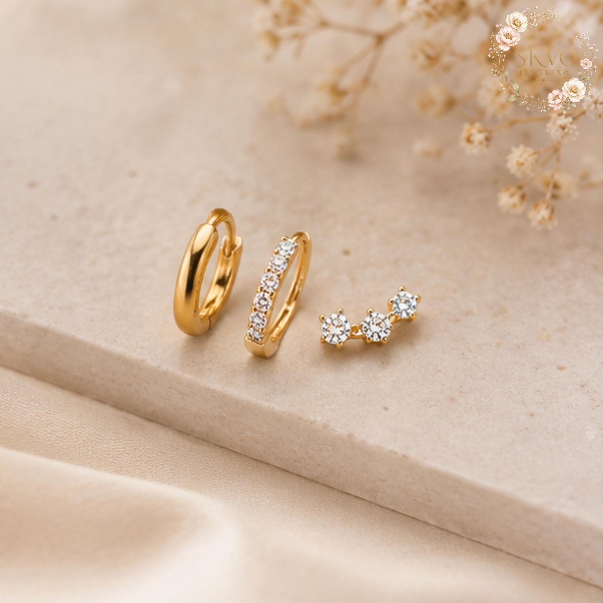 Gold Plated Multi-Piercing Earrings, Dainty Hoop and Crystal Studs, Trendy Ear Jewelry for Women, Gift for Her, Elegant Silver Look