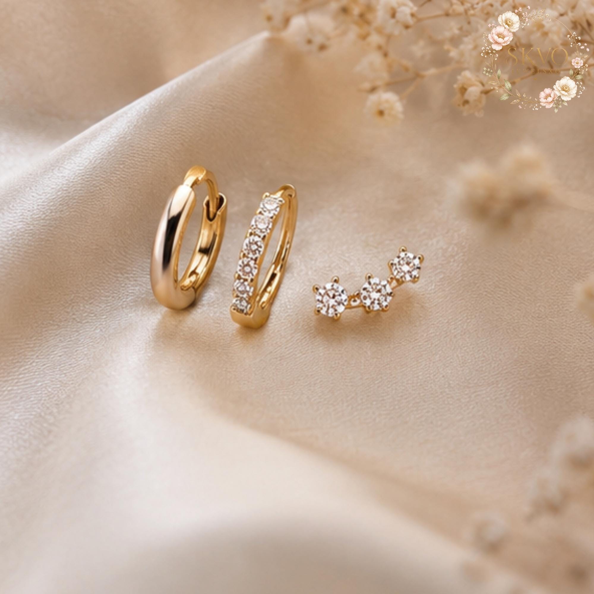 Gold Plated Multi-Piercing Earrings, Dainty Hoop and Crystal Studs, Trendy Ear Jewelry for Women, Gift for Her, Elegant Silver Look