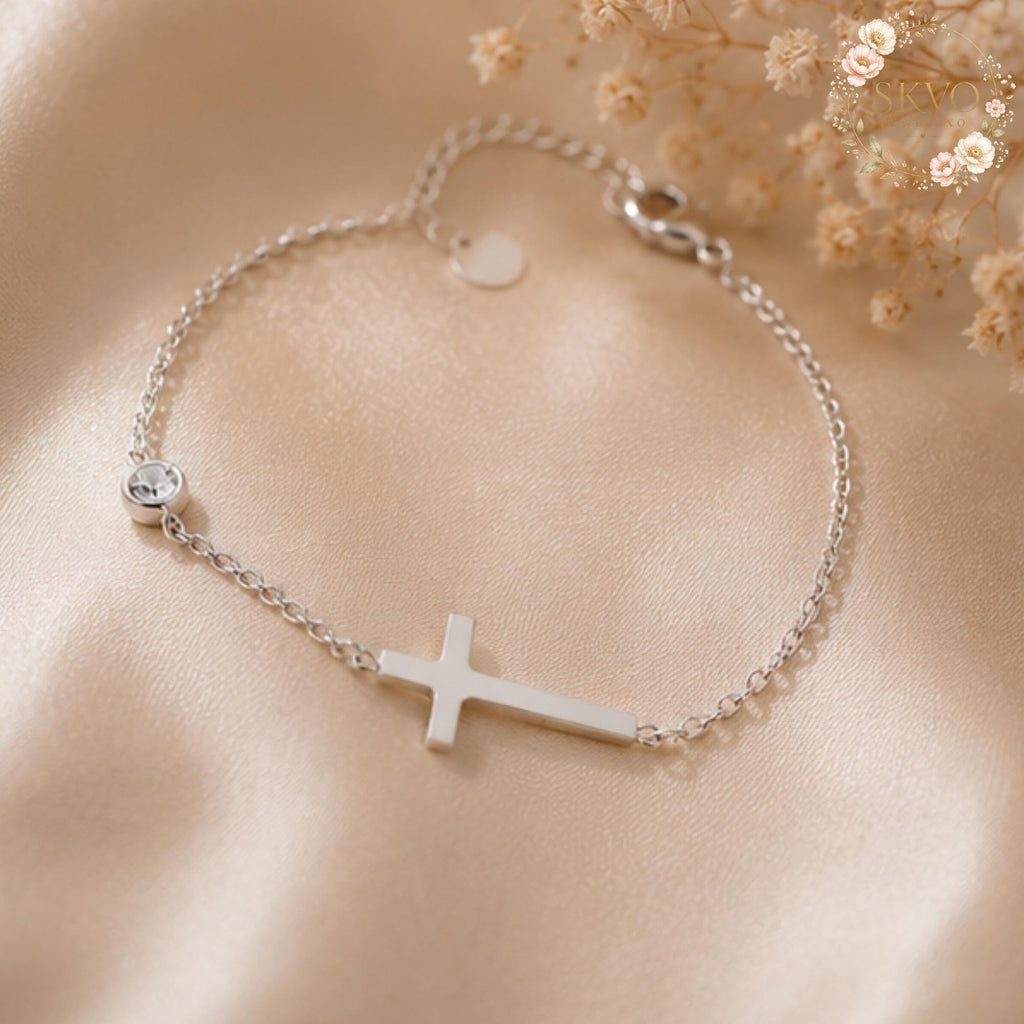 Stainless Steel Cross Dainty Bracelet, Minimalist Religious Jewelry, Silver Christian Charm, Gift for Her, Everyday Elegant Accessory