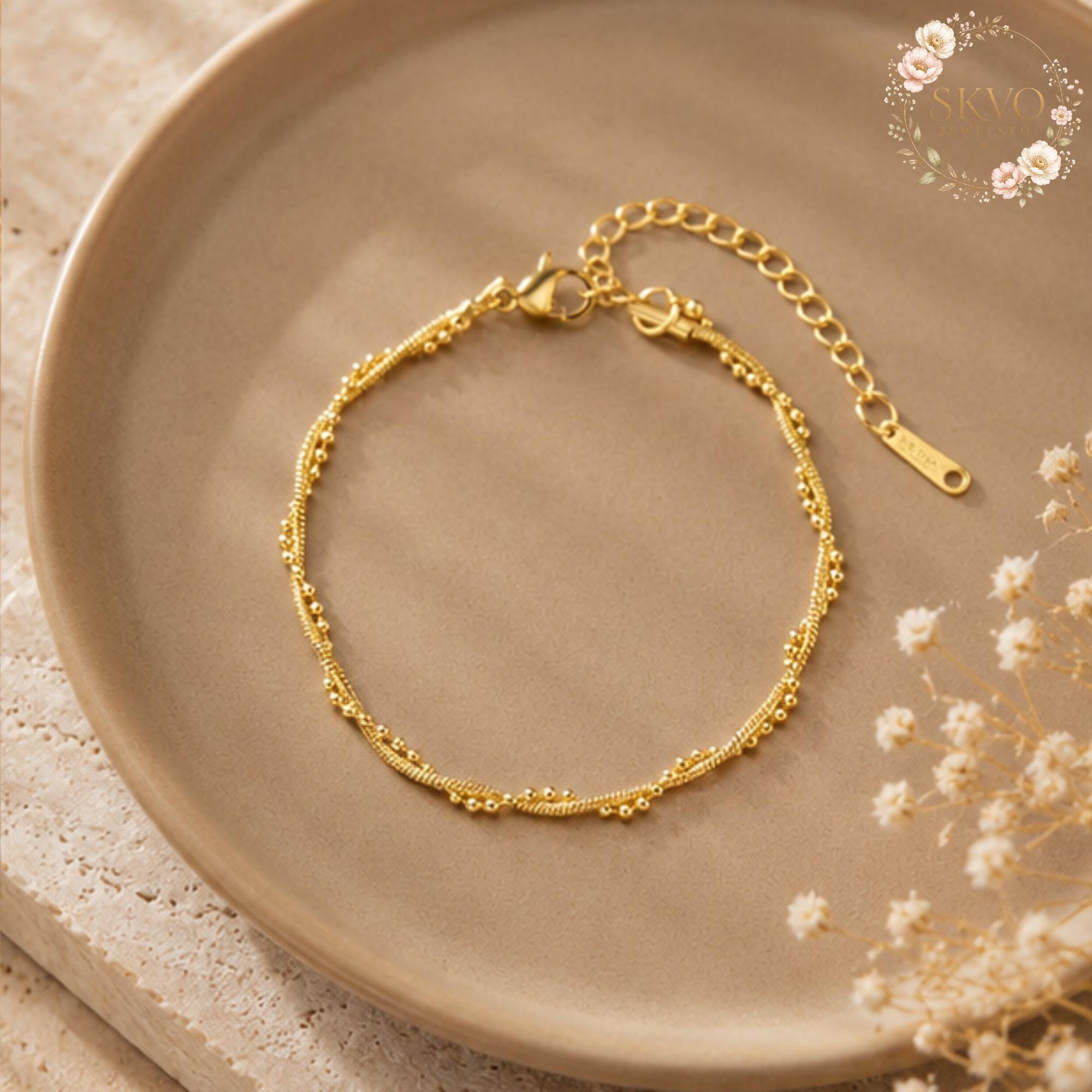 Gold Beaded Chain Bracelet, Elegant Layered Jewelry, Gift for Her, Wedding Accessory, Minimalist Gold Jewelry, Bridesmaid Gift