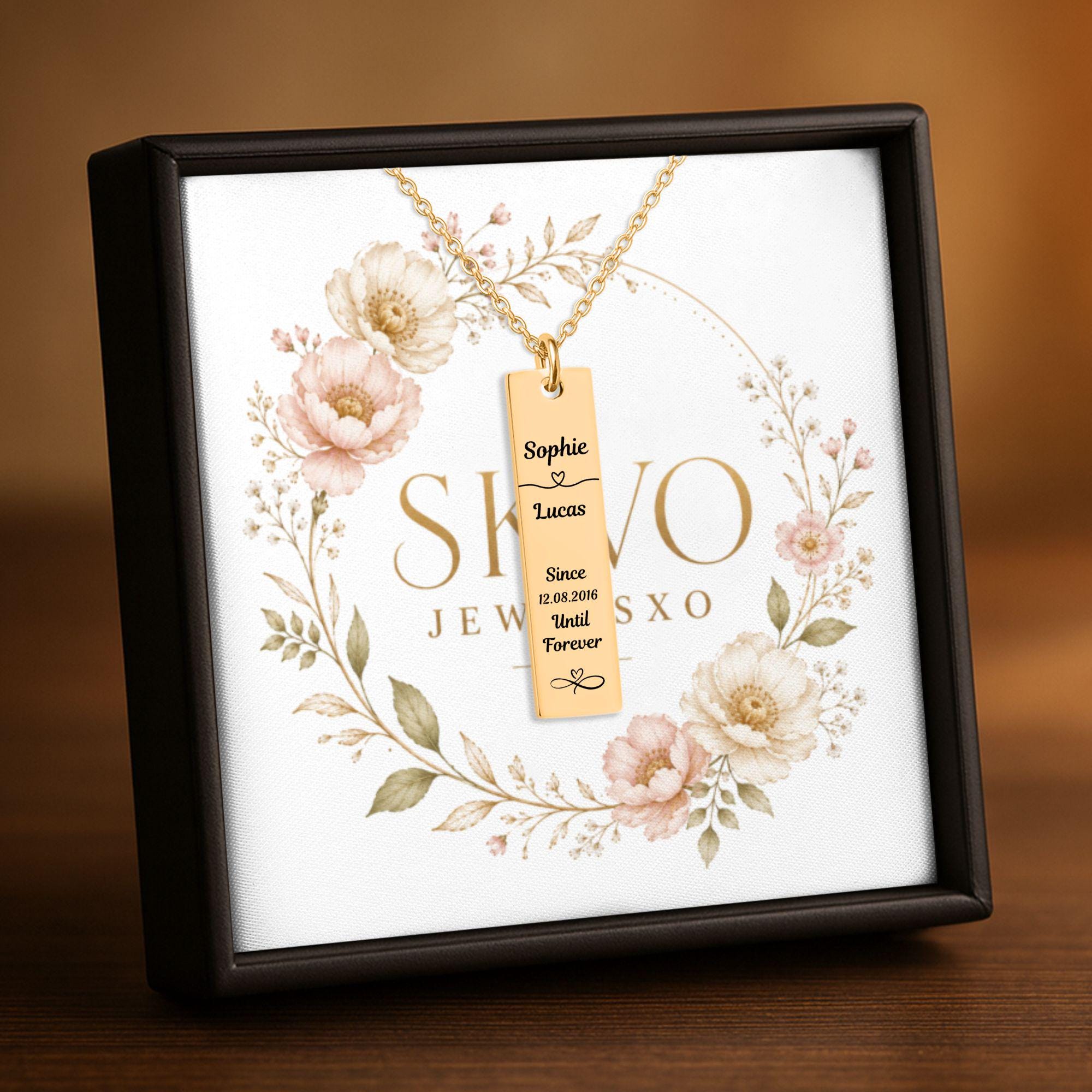 Personalized Vertical Bar Necklace, Laser Engraved Stainless Steel, 18k Gold or Rose Gold Plated, Customizable Pendant, Gift for Her
