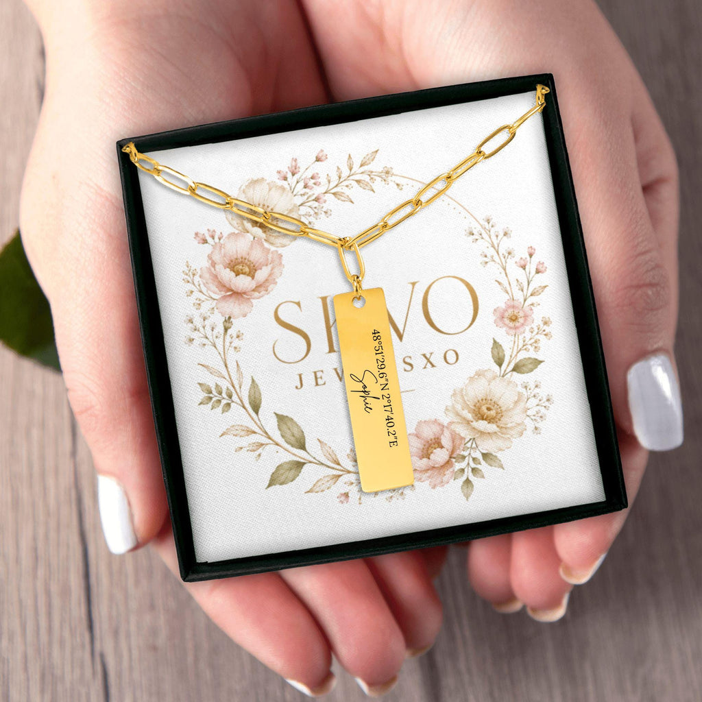 Personalized Paperclip Vertical Bar Necklace with Laser Engraving, 18k Gold Plated Stainless Steel, Customizable Pendant, Gift for Her