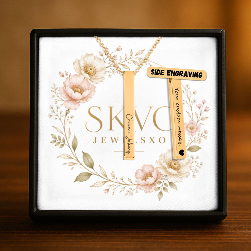 Personalized 3D Bar Necklace with Laser Engraving, Stainless Steel, 18k Gold Plated, Customizable Pendant, Gift for Her, Engravable Jewelry