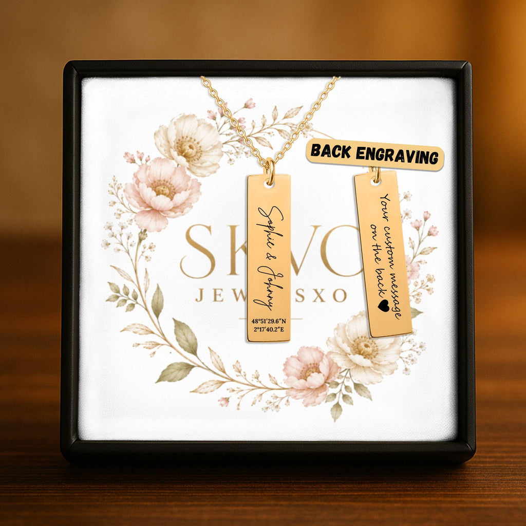 Personalized Vertical Bar Necklace with Laser Engraving, 18k Gold Plated Stainless Steel Pendant, Customizable Jewelry for Women, Gift Ready