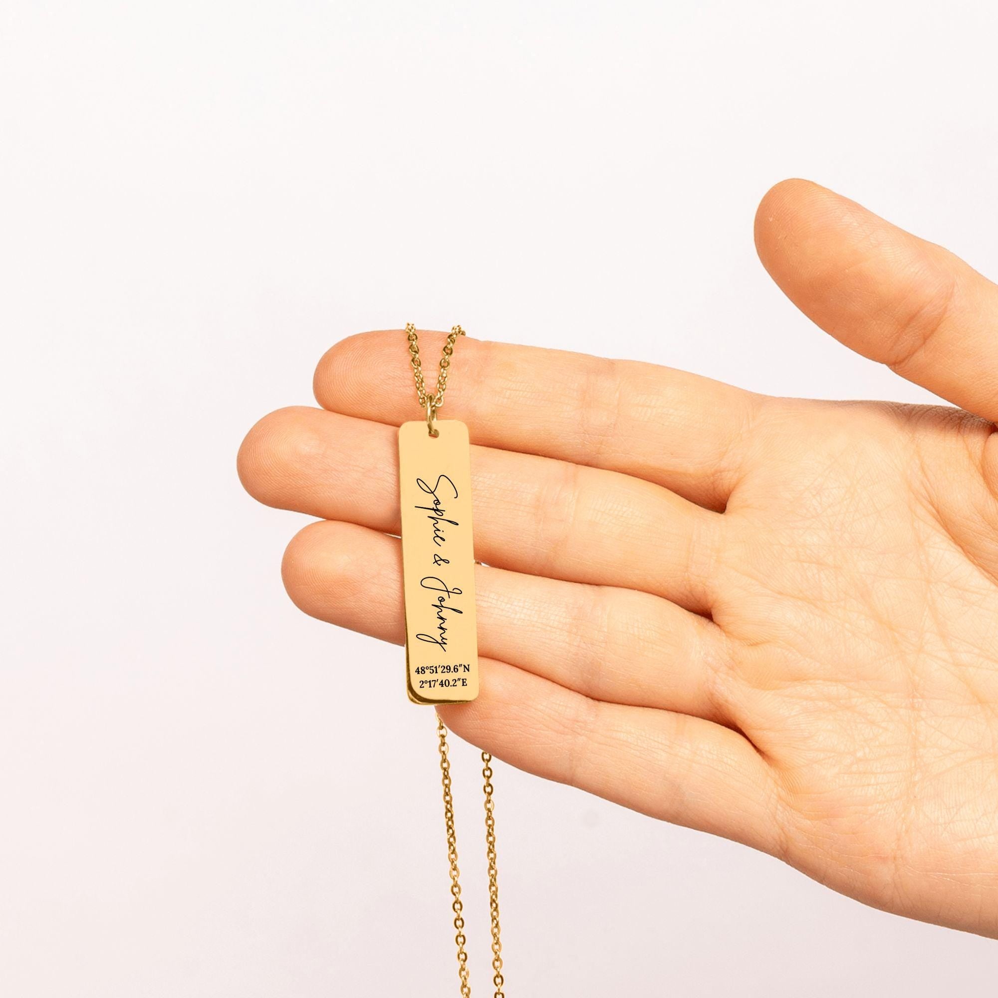 Personalized Vertical Bar Necklace with Laser Engraving, 18k Gold Plated Stainless Steel Pendant, Customizable Jewelry for Women, Gift Ready