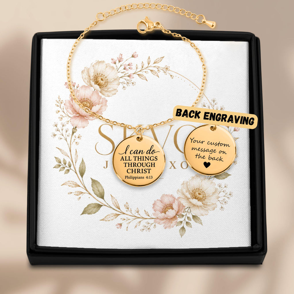 Personalized Coin Bracelet with Heart Pendant | Laser Engraved Jewelry in Stainless Steel, 18k Gold Plated, Customizable Front & Back